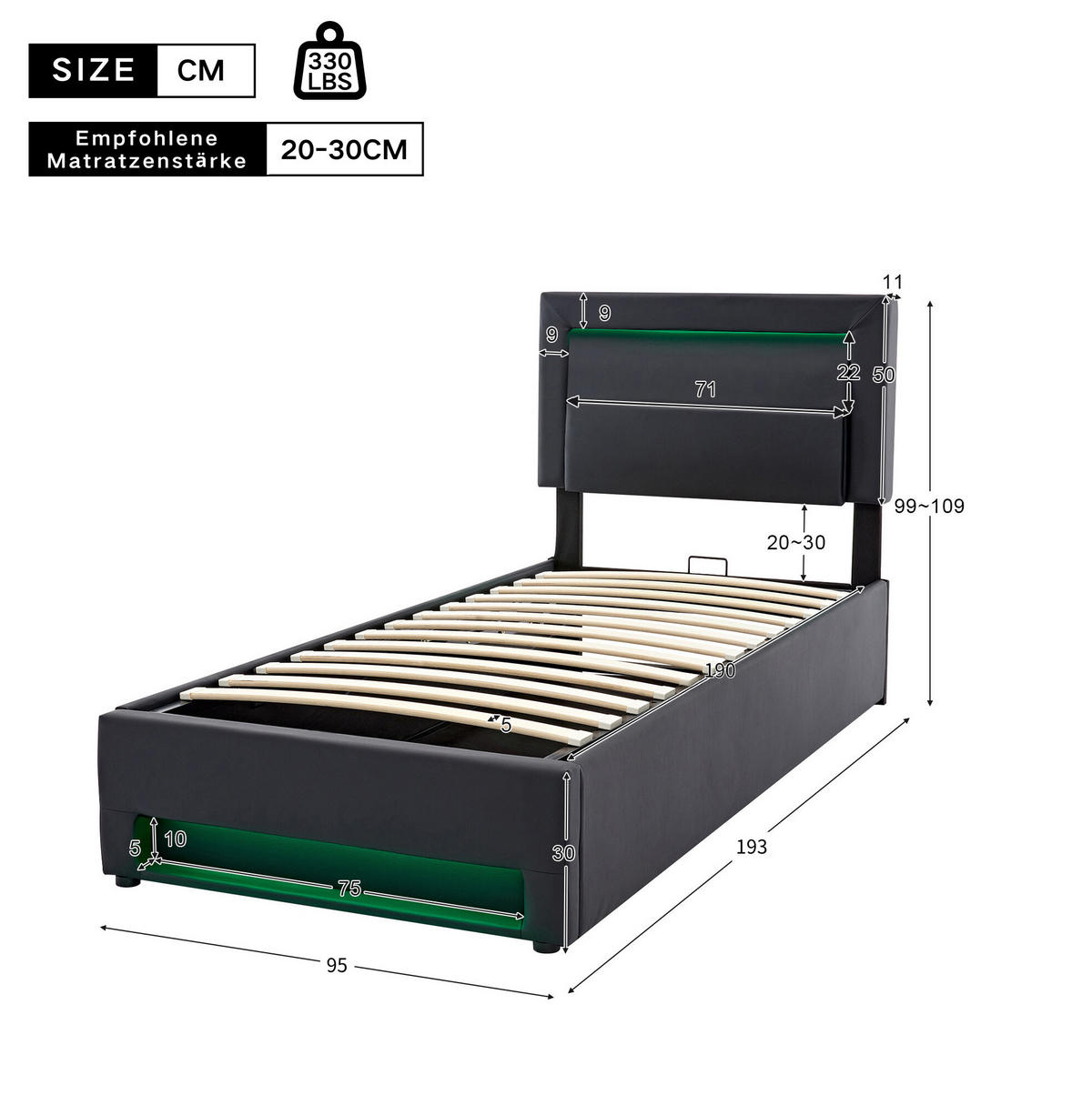 POLSTERBETT 90/190 cm aus PU mit USB-Ladefunktion LED und Stauraum Schwarz - Schwarz, Kunststoff (90/190cm) - Modenvie