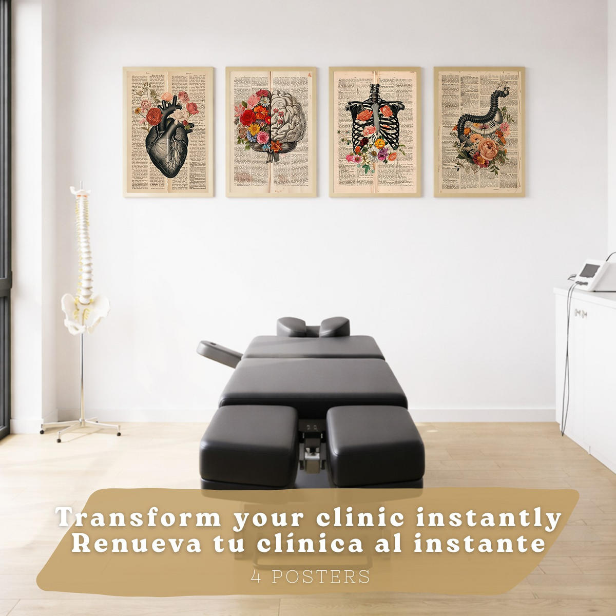 POSTER Set aus 4 Vintage Anatomie Drucke und Wandbilder mit Herz Schädel Skelett und Gehirn Collage Stil Wanddekoration Größe Rahmenlos A3 - Klar, Papier (29.7/42/3cm) - Nacnic