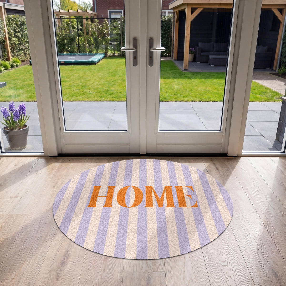 FUSSMATTE Lila – Orange – Streifen – Startseite 120x120 cm - Flieder, Kunststoff (120/0.4cm) - MuchoWow