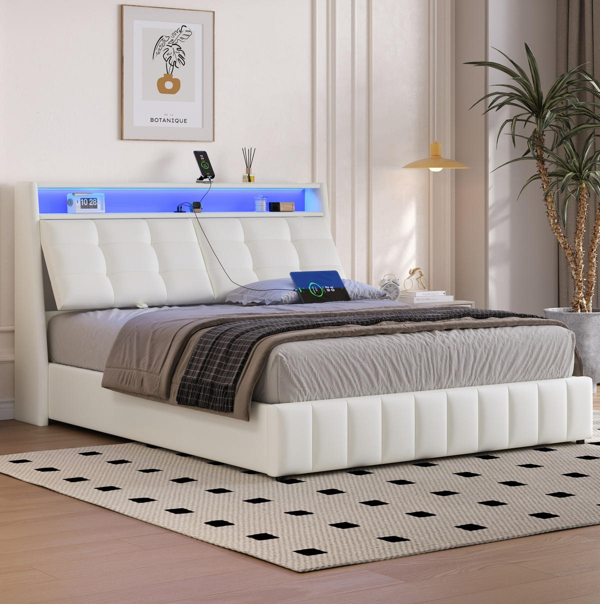 POLSTERBETT 140/200 cm aus MDF und Sperrholz mit LED-Beleuchtung und Stauraum Grau - Grau, Holzwerkstoff (140/200cm) - Modenvie