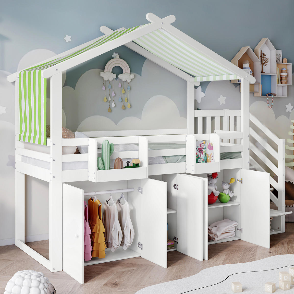 ETAGENBETT 90/200 cm mit Stauraumtreppe, Kleiderschrank, Fallschutz und Dachdesign, Weiß/Grün - Weiß, Holz (90/200cm) - Redom