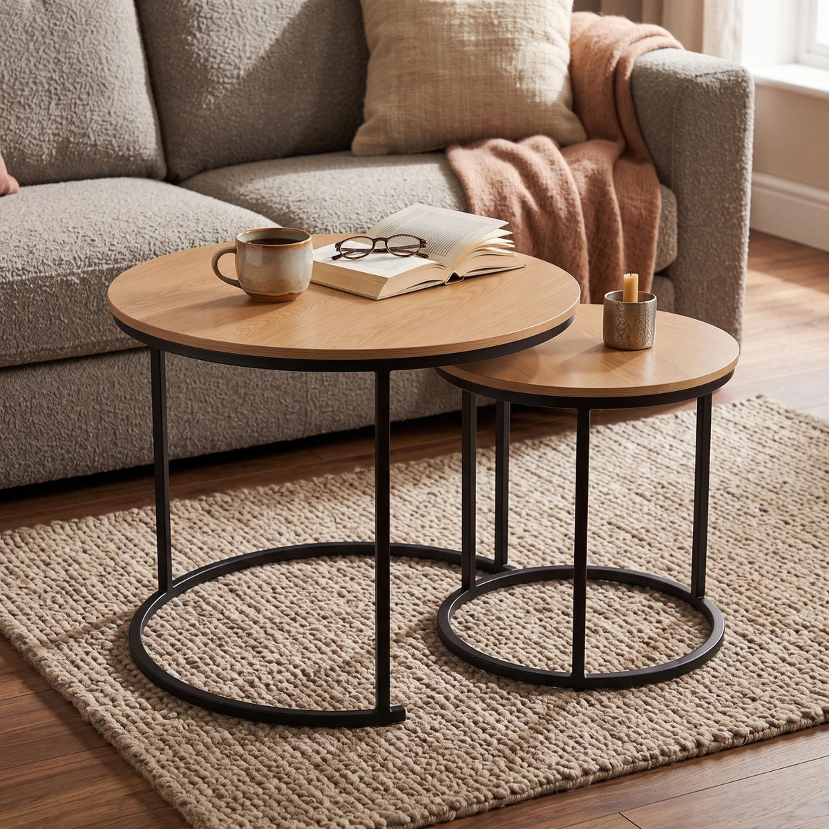 COUCHTISCH 2er-Set rund Schwarz, Braun - Braun, Metall (60/60/50cm) - SCENA LIVING