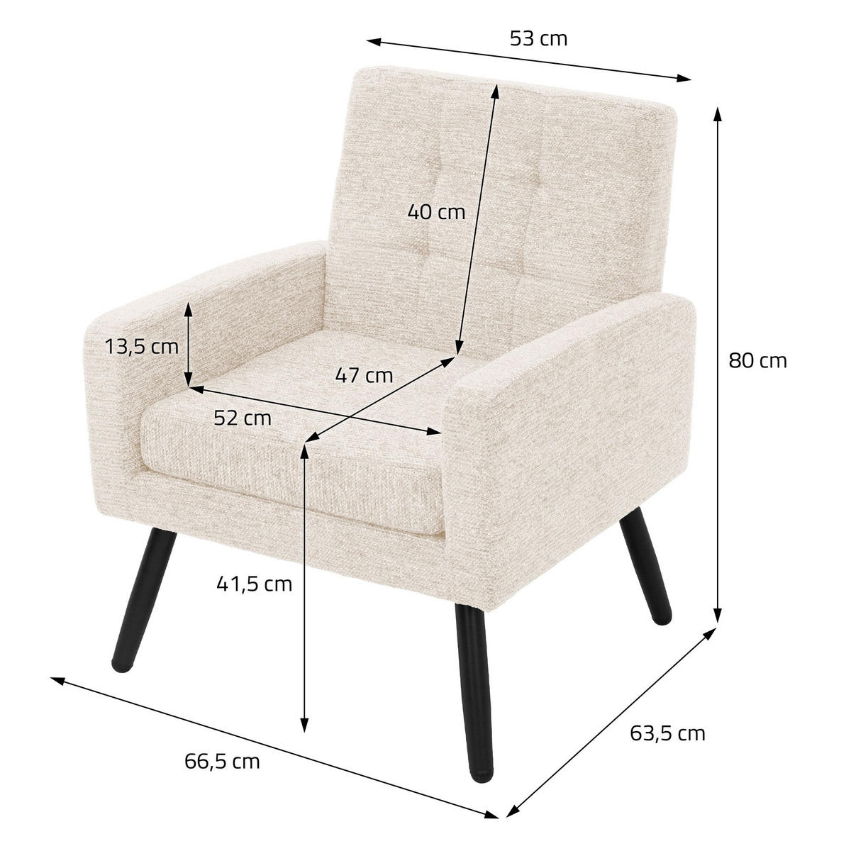 SESSEL mit Stahlbeinen und Webstruktur Relaxsessel 66,5x80x63,5 cm Beige - Beige/Schwarz, Textil/Metall (66.5/80/63.5cm) - ML-DESIGN