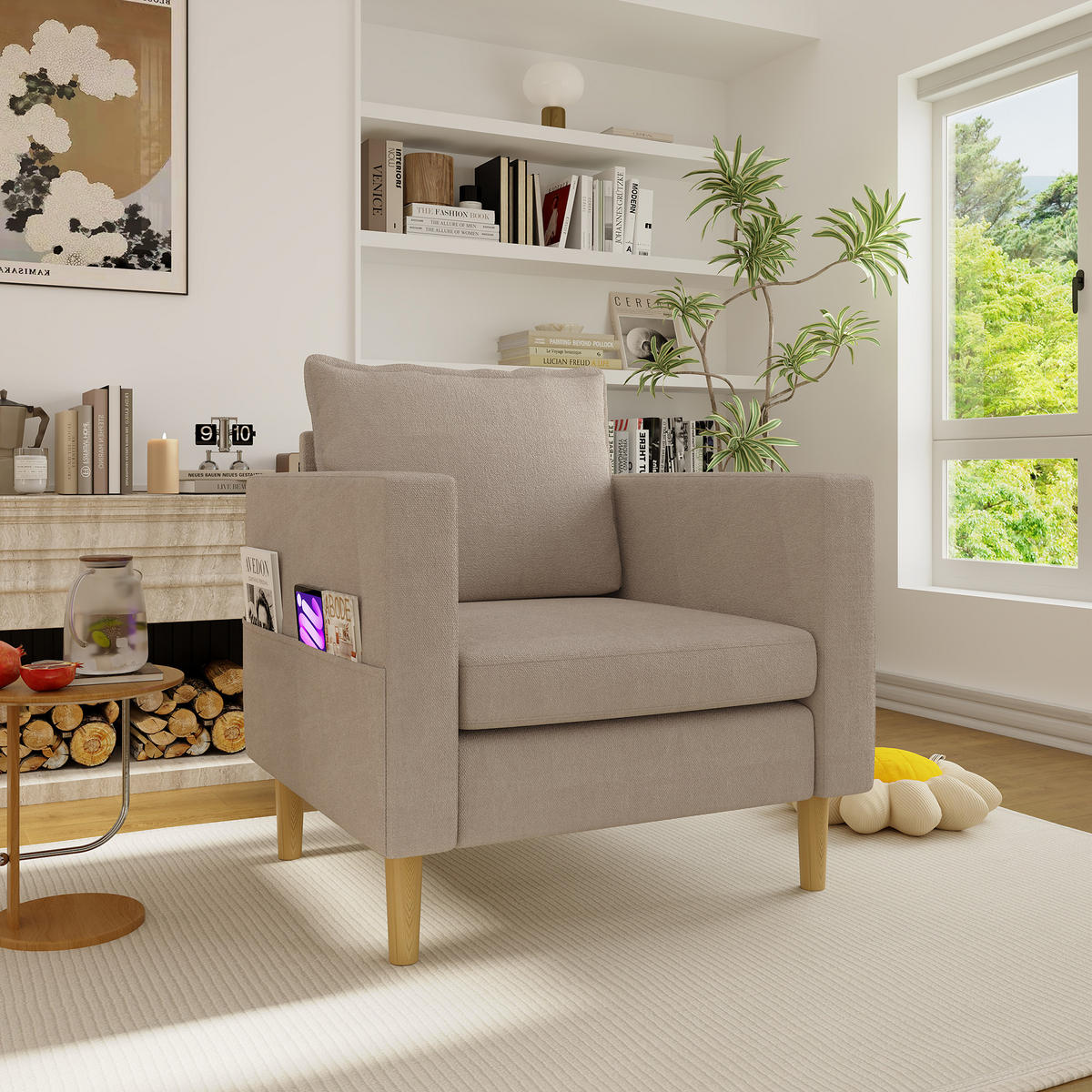 SESSEL Chenille Khaki mit Seitentasche und Kissen - Hellbraun, Holz/Holzwerkstoff (71/82/68cm) - WISHDOR