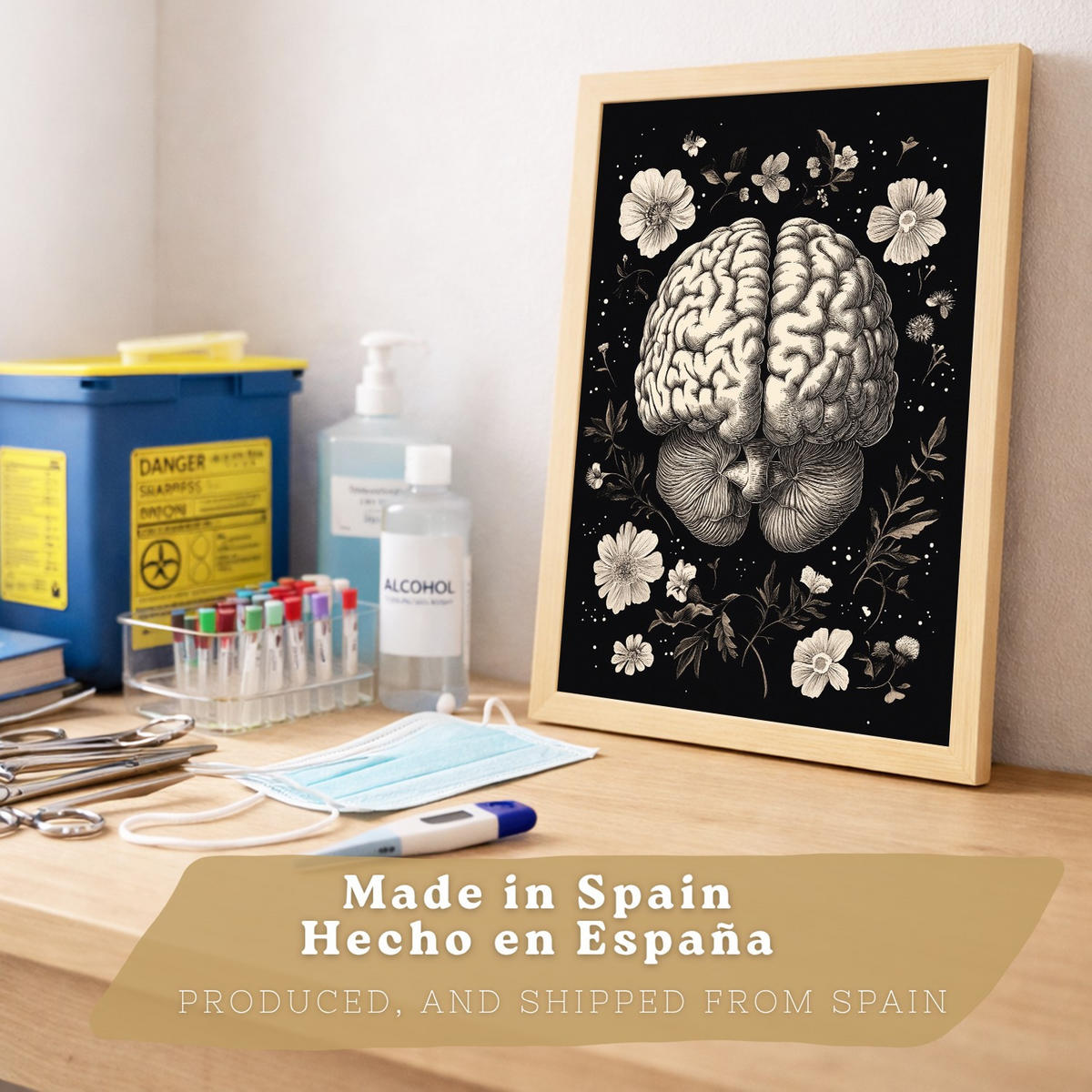 POSTER Set aus 2 Anatomie Mensch Drucke und mit Gehirn und Herz Monochromes Florales Design Schwarzer Hintergrund Größe Leichter Holzrahmen A4 - Beige, Papier (21/29.7/3cm) - Nacnic