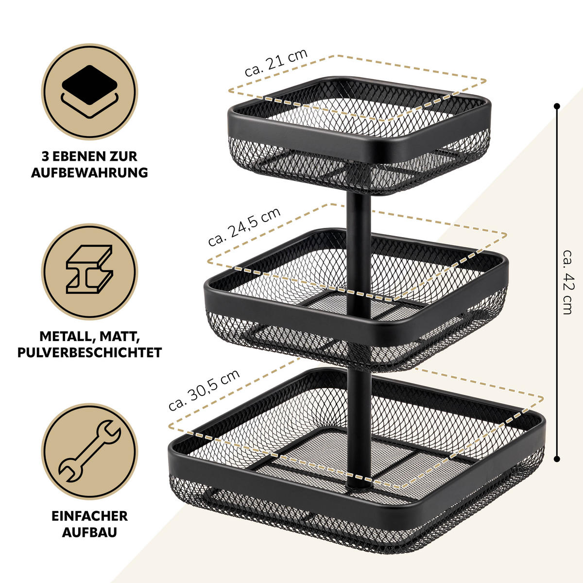 OBSTETAGERE eckig, 3-stöckig, 20 x 20 cm, 25 x 25 cm und 30 x 30 cm, schwarz, Metall - Schwarz, Metall (30/42cm) - eluno