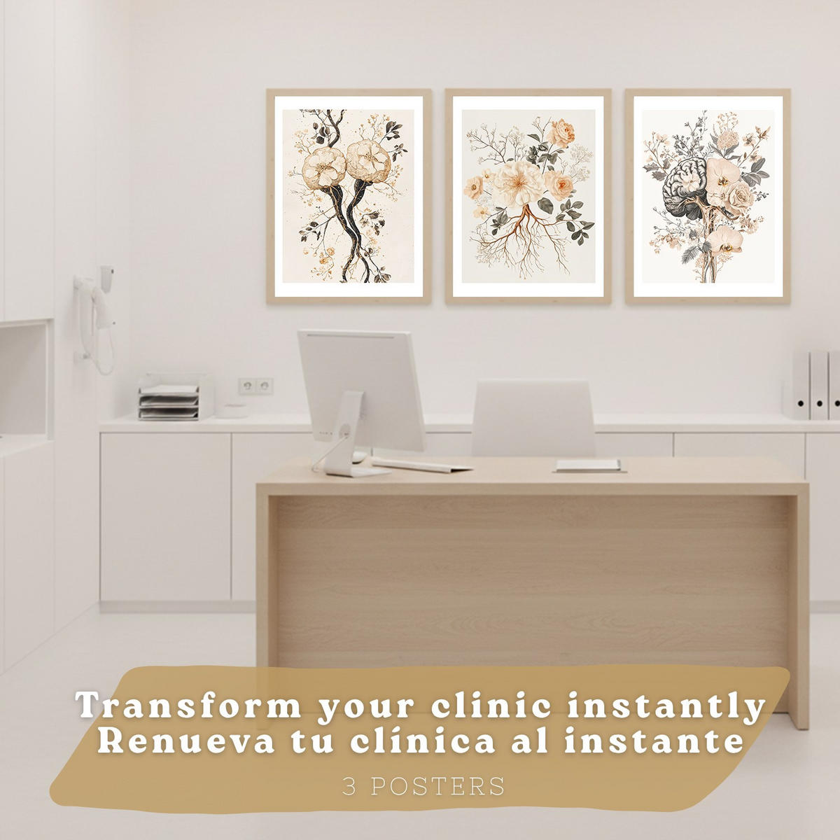 POSTER Set aus 3 Neuronale Anatomie Drucke und Wandbilder mit Neuronen Synapsen und Gehirn Minimalistischer Floraler Stil Größe Leichter Holzrahmen A3 - Beige, Papier (29.7/42/3cm) - Nacnic