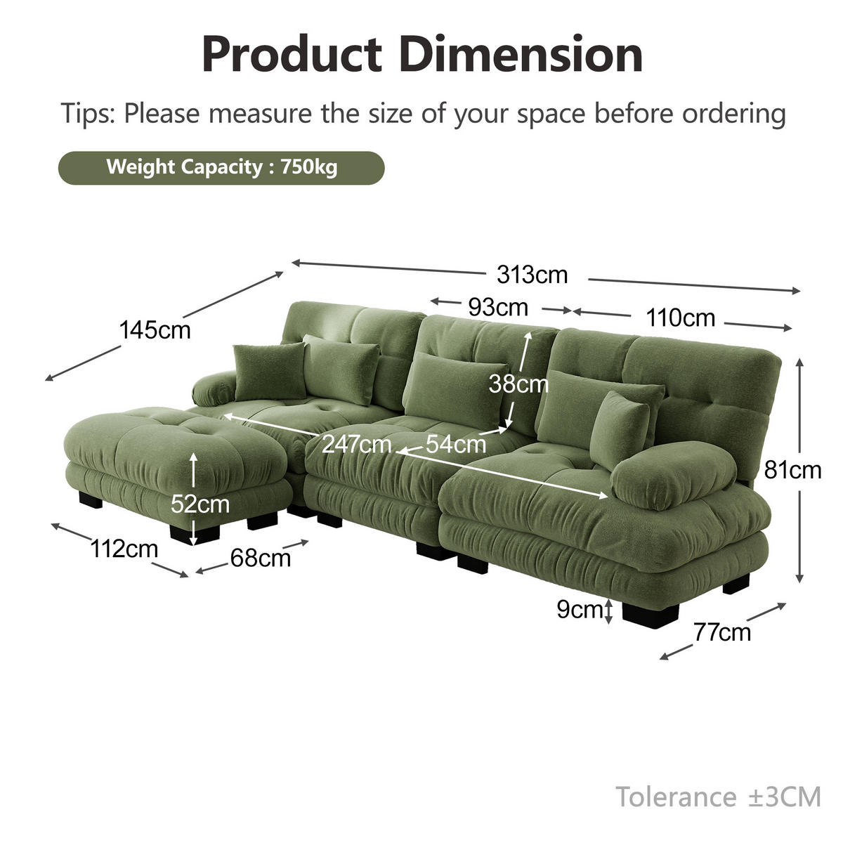 L-FÖRMIGES ECKSOFA Grün 313/145/81 cm 3-Sitzer mit Hocker und Modular - Grün, Textil (313/145cm) - PANGIVO