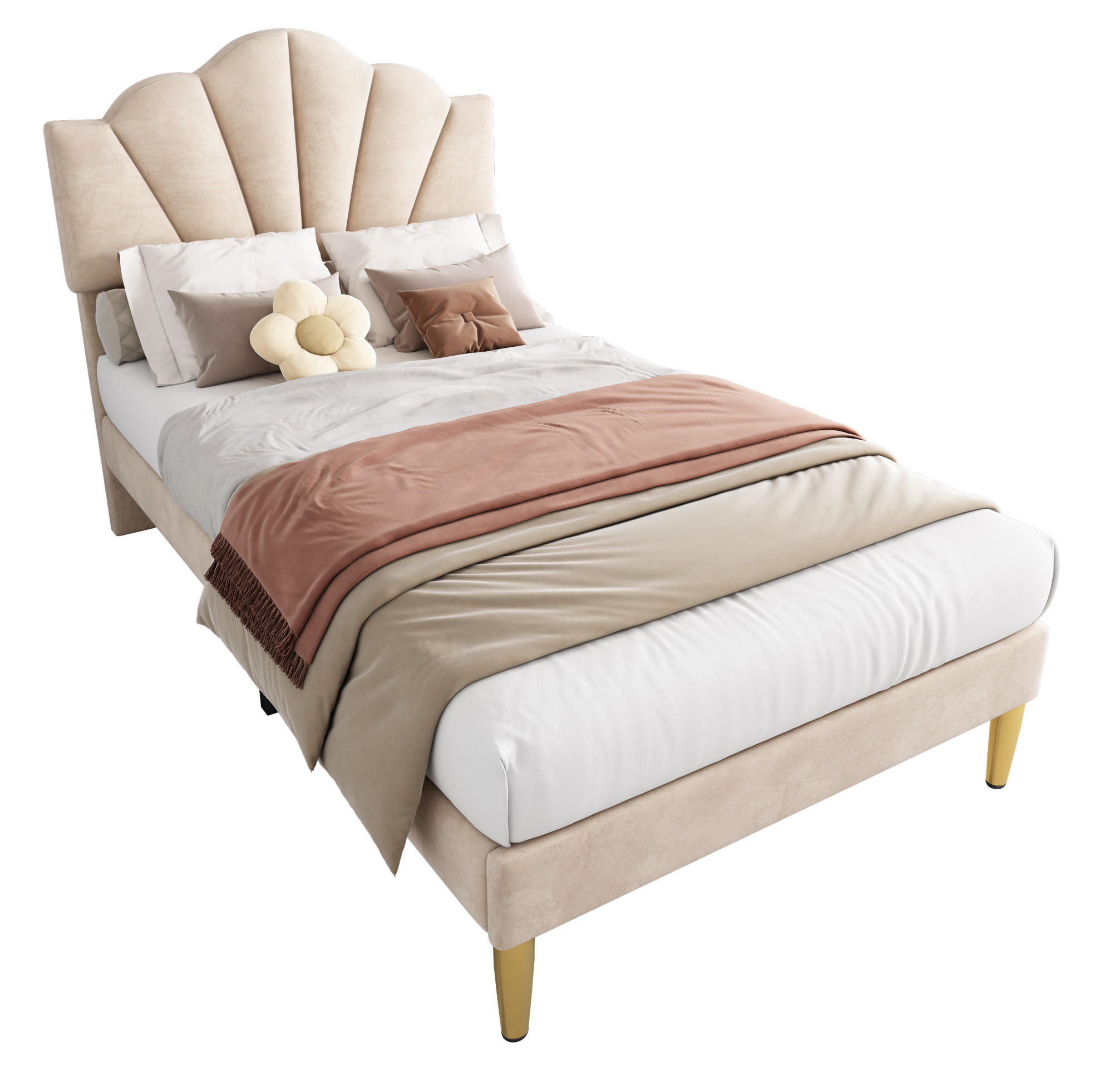 OKWISH ČALOUNĚNÁ postel 90/200 cm béžová ze sametu s nastavitelným čelem a zlatými nohami