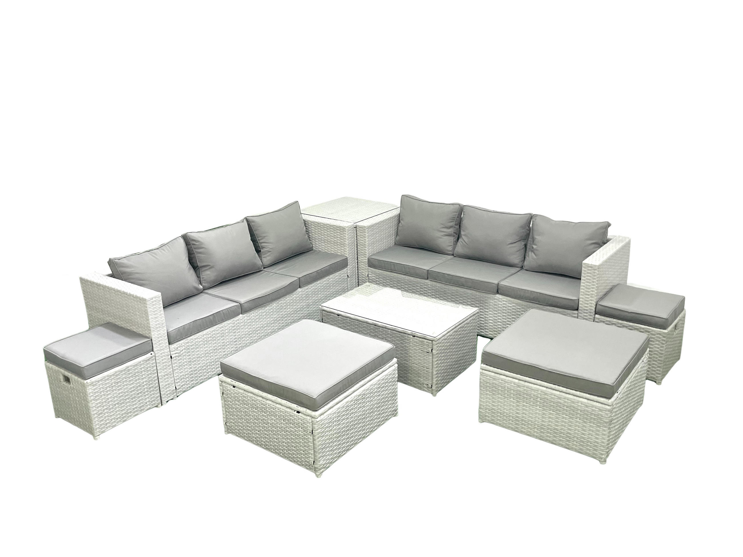 GARTENSET mit 3-SITZER SOFA,COUCHTISCH Polyrattan Hellgrau-Mix 10-Sitzer - Hellgrau/Grau, Glas/Kunststoff - Fimous