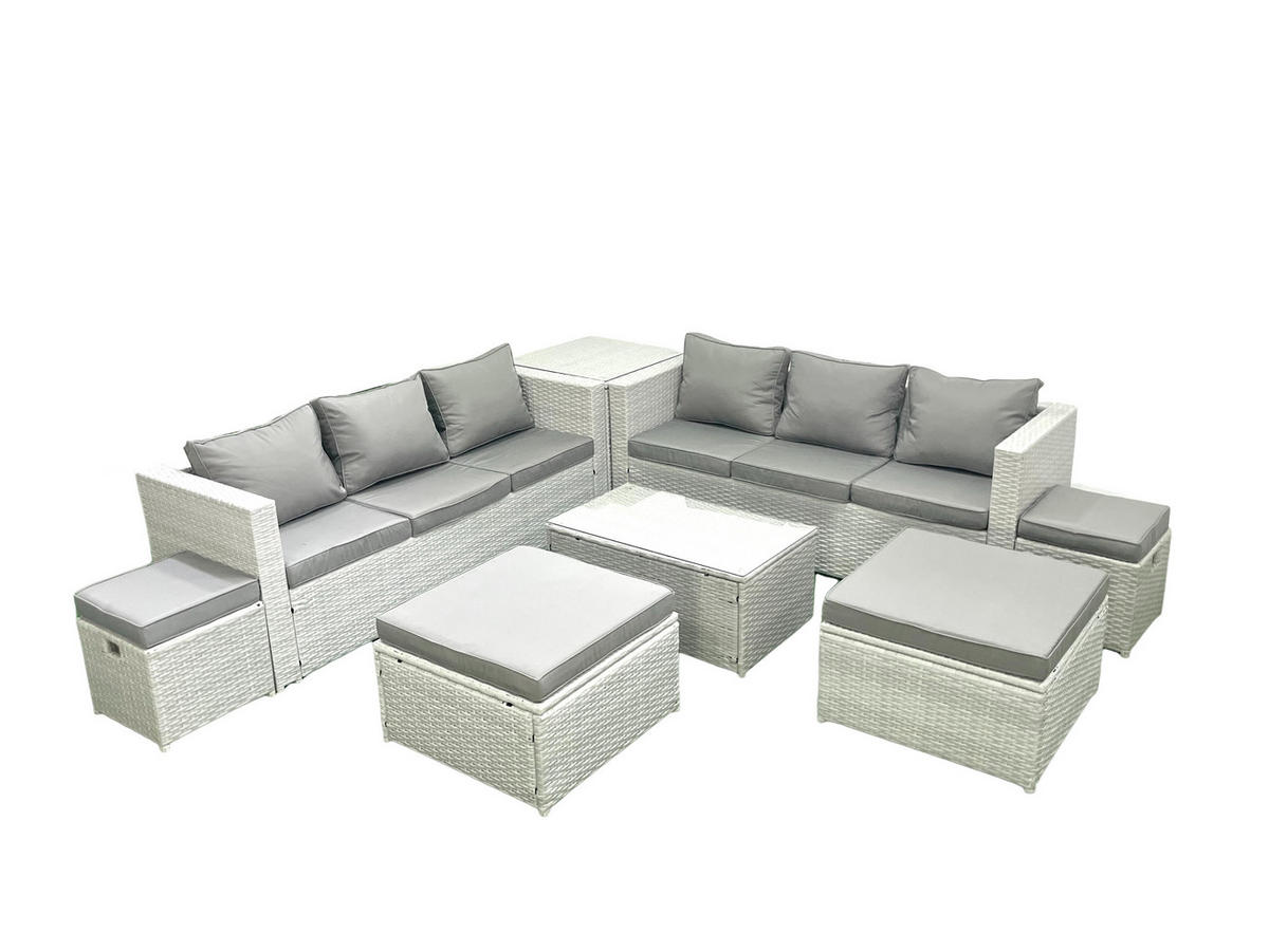 GARTENSET mit 3-SITZER SOFA,COUCHTISCH Polyrattan Hellgrau-Mix 10-Sitzer - Hellgrau/Grau, Glas/Kunststoff - Fimous