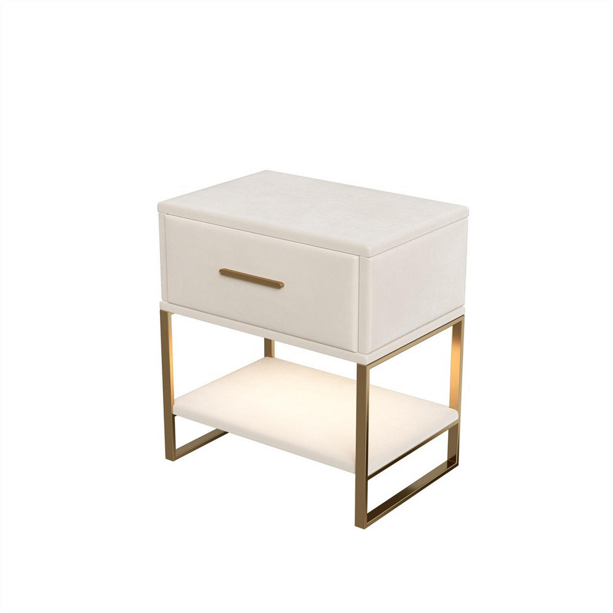 NACHTTISCH mit LED-Beleuchtung - 1 Schublade & Offenem Fach - Samtbezug & Goldene Beine - 2er Set - Beige - Weiß, Textil (40/50/31cm) - DELFA