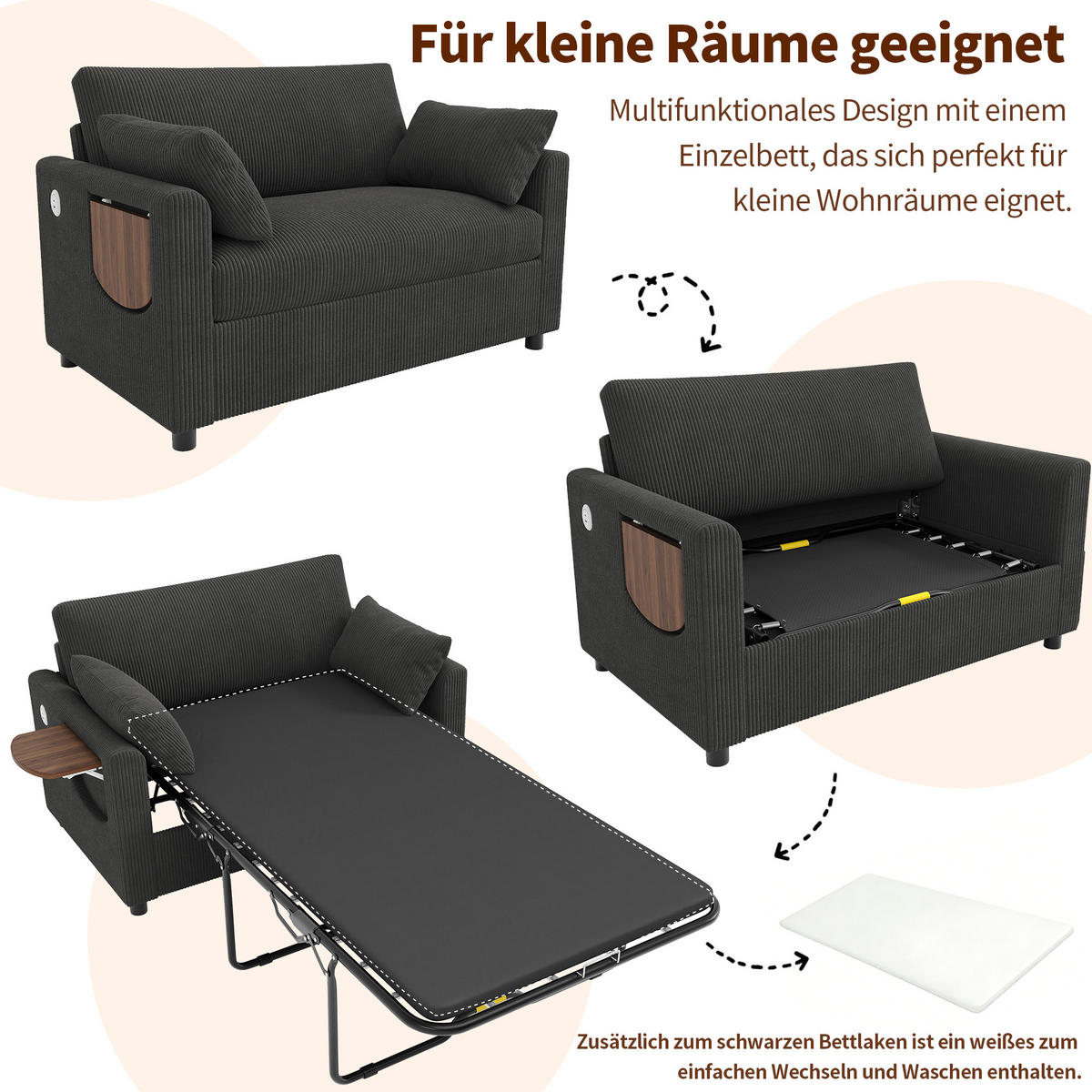 SCHLAFSOFA 2-Sitzer ausziehbar mit USB und Seitentisch, Grau - Grau, Textil (134/84/82cm)