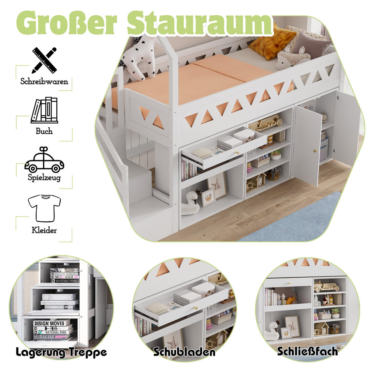 SPIELBETT 90/200 cm DE-00476, in Weiß, Rutsche, Treppe und Stauraum - Weiß, Holz (90/200cm) - ComfortXL