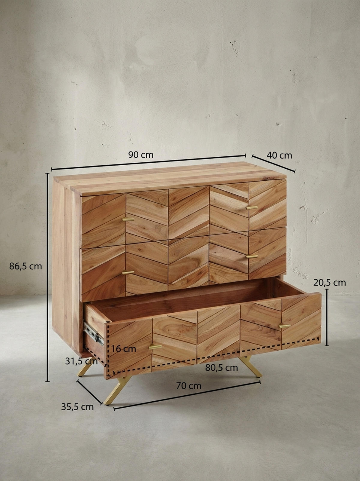 SIDEBOARD – Akazie Massivholz, rustikal, mit Muster, Landhausstil - Beige/Goldfarben, Holz/Metall (90/86/40cm) - KADIMA DESIGN