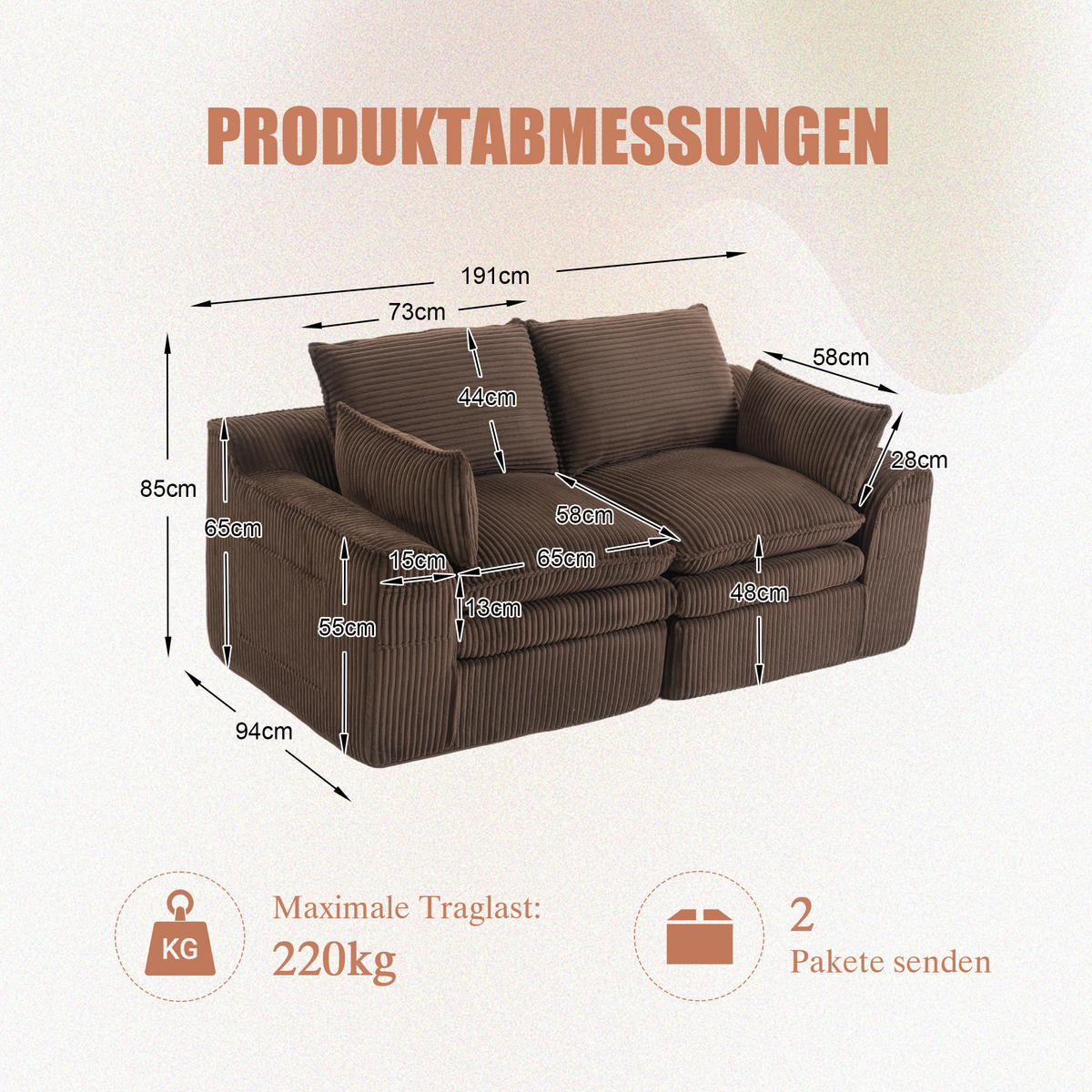 2-SITZER SOFA Cord Braun mit Kissen und Seitentaschen - Braun, Textil (191/85/94cm) - WISHDOR