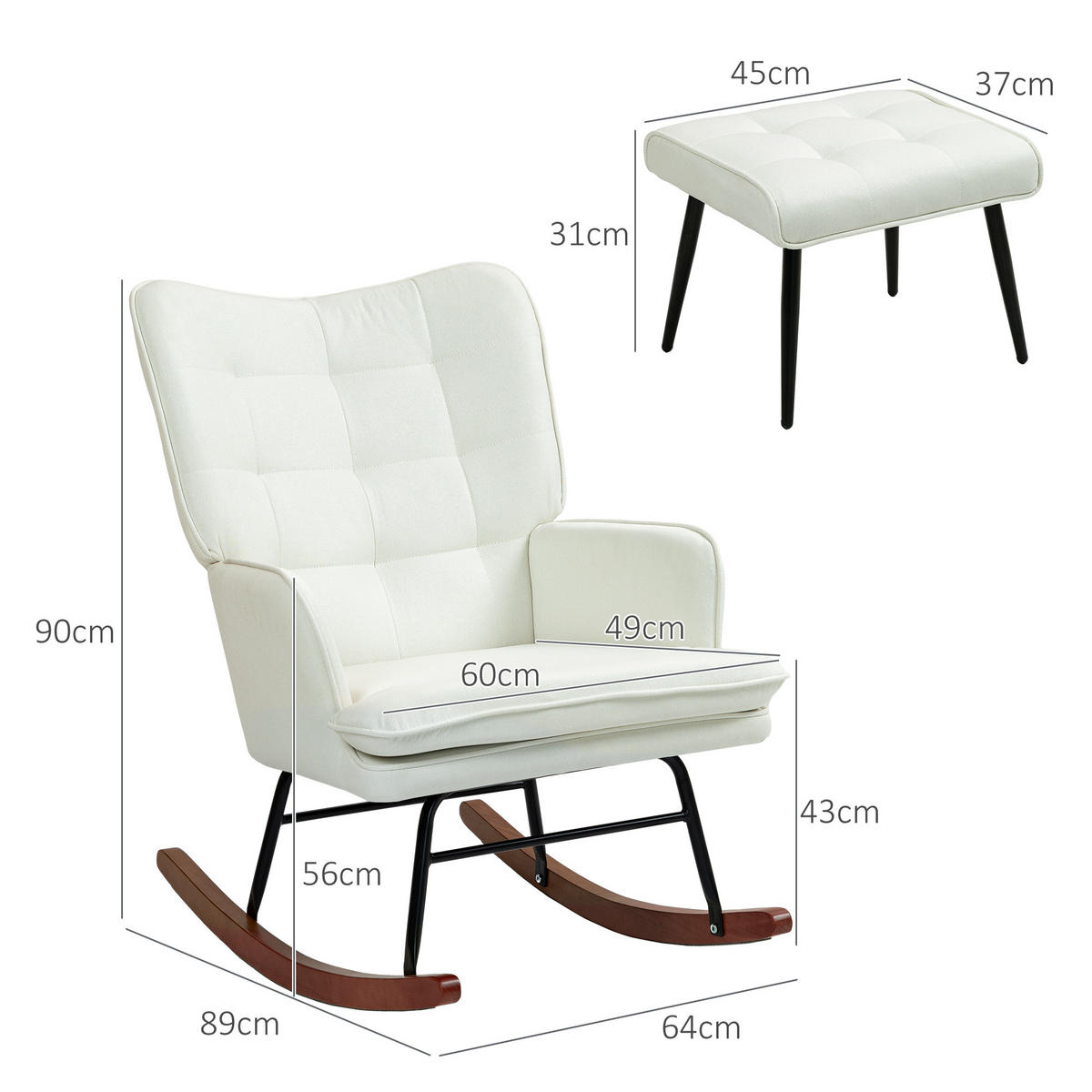 SCHAUKELSTUHL Schwingsessel mit Hocker Armlehnsessel Relaxsessel mit Leinenoptik - Weiß, Kunststoff (89/90/64cm) - HOMCOM