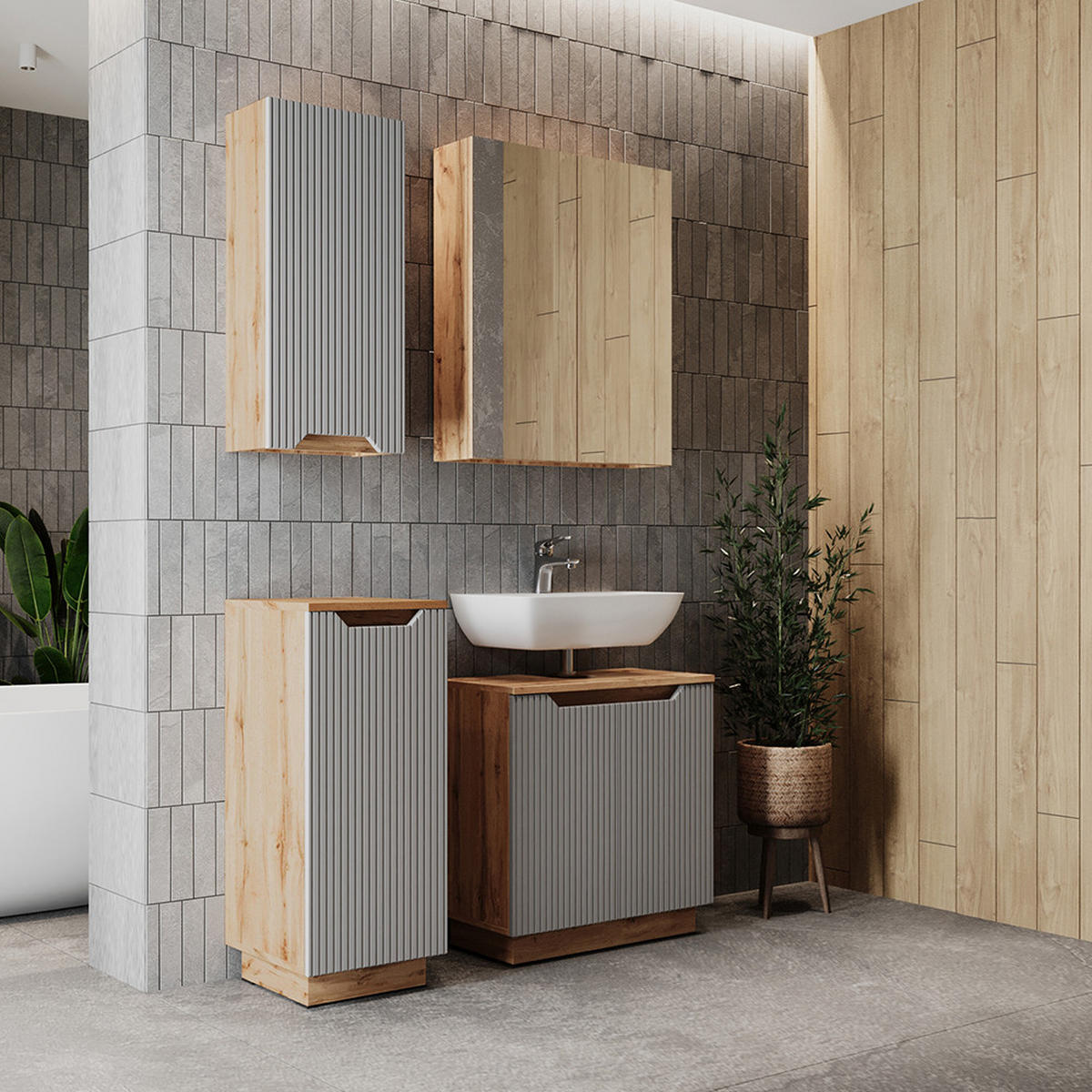 BADMÖBEL-SET Lotta Eiche/grau gestreift 4 Teile - Eichefarben/Grau, Holzwerkstoff (59.8/62.1/32cm) - Vicco