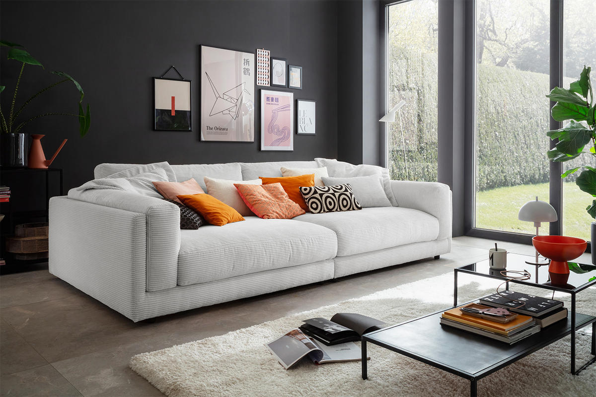 BIG SOFA RAINA Hellgrau Cord - Hellgrau/Schwarz, Kunststoff/Textil (254/85/150cm) - KAWOLA
