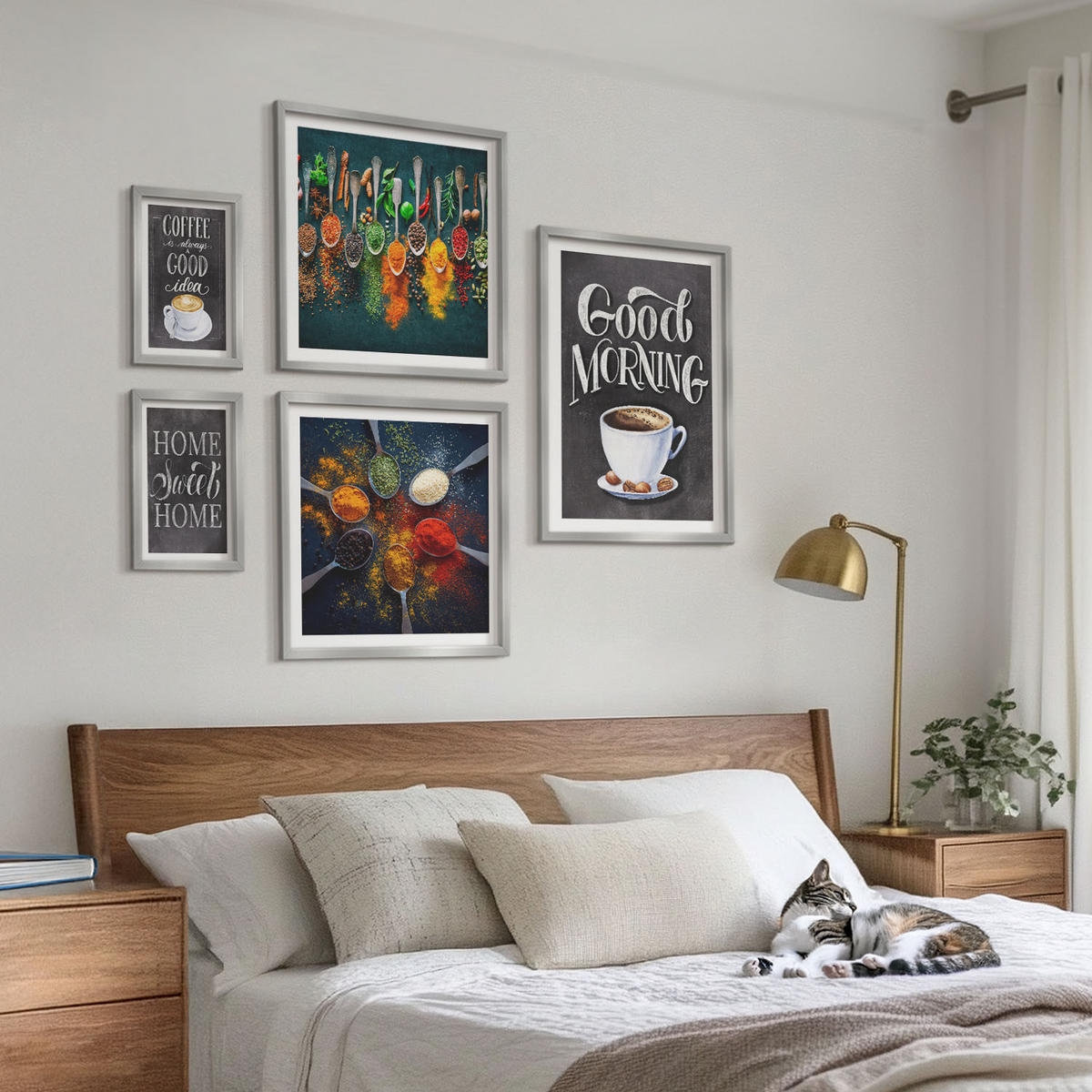 WANDBILDER 5er Set - 50x50 cm & 20x30 cm & 40x60 cm Silberner Rahmen - Gewürze, Kaffee, Tasse, Kräuter - Silberfarben, Kunststoff (40/60cm) - ArtPrintCave