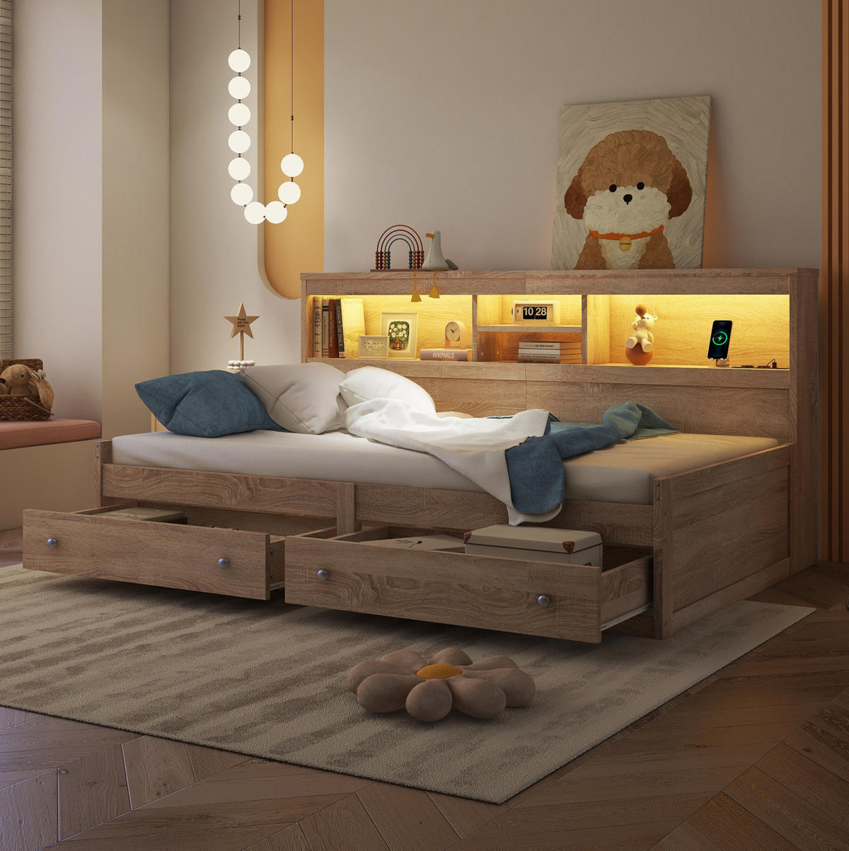 KINDERBETT 90/200 cm in Natur mit LED-Beleuchtung und 2 USB-Anschlüssen - Naturfarben, Holzwerkstoff (90/200cm) - Flora Grace
