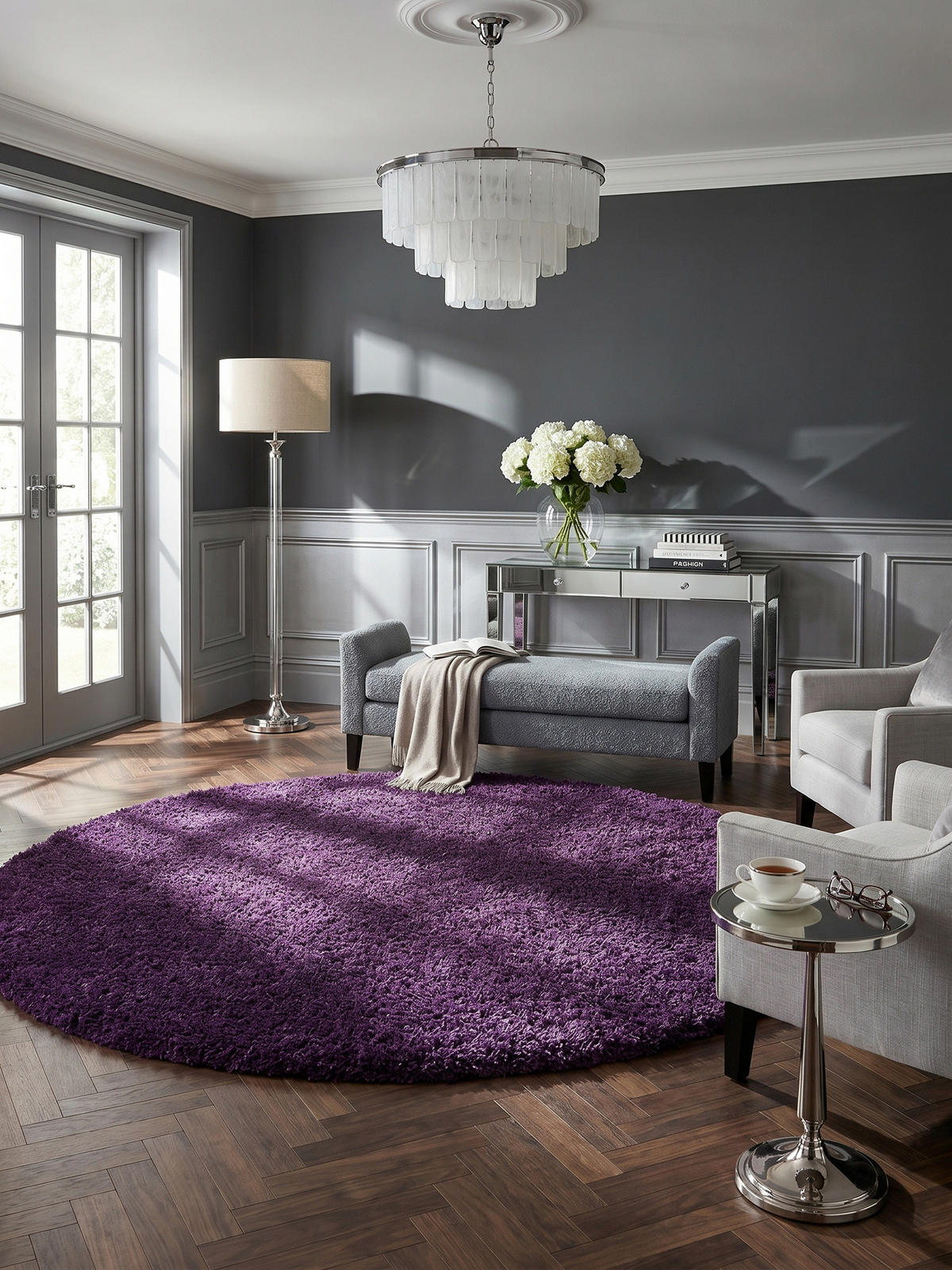 TEPPICH Hochflor Shaggy Einfarbig Weich Flauschig Waschbar Rund Violett 120x120 cm – SALZACH - Lila, Textil (120/120cm) - KADIMA DESIGN