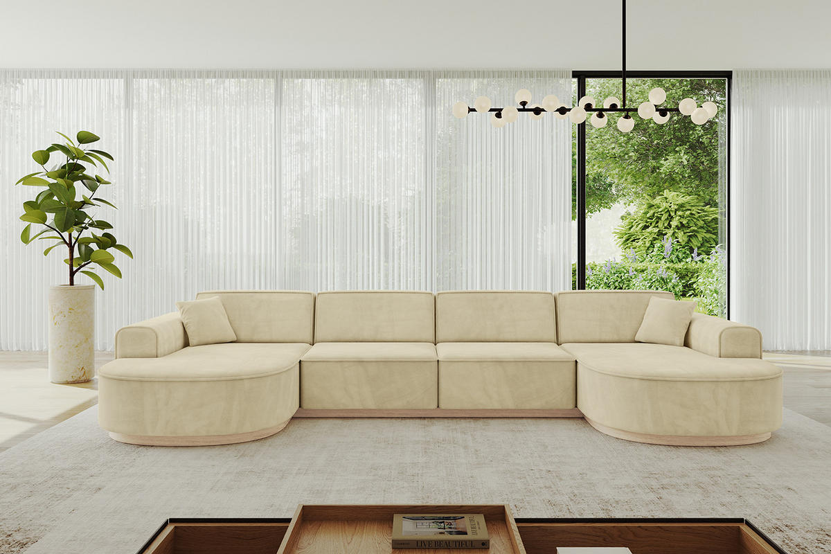 WOHNLANDSCHAFT MARI-U2-v1 - 388x171x83 cm Beige Velours - Beige, Holzwerkstoff/Textil (388/83/171cm) - ALTDECOR