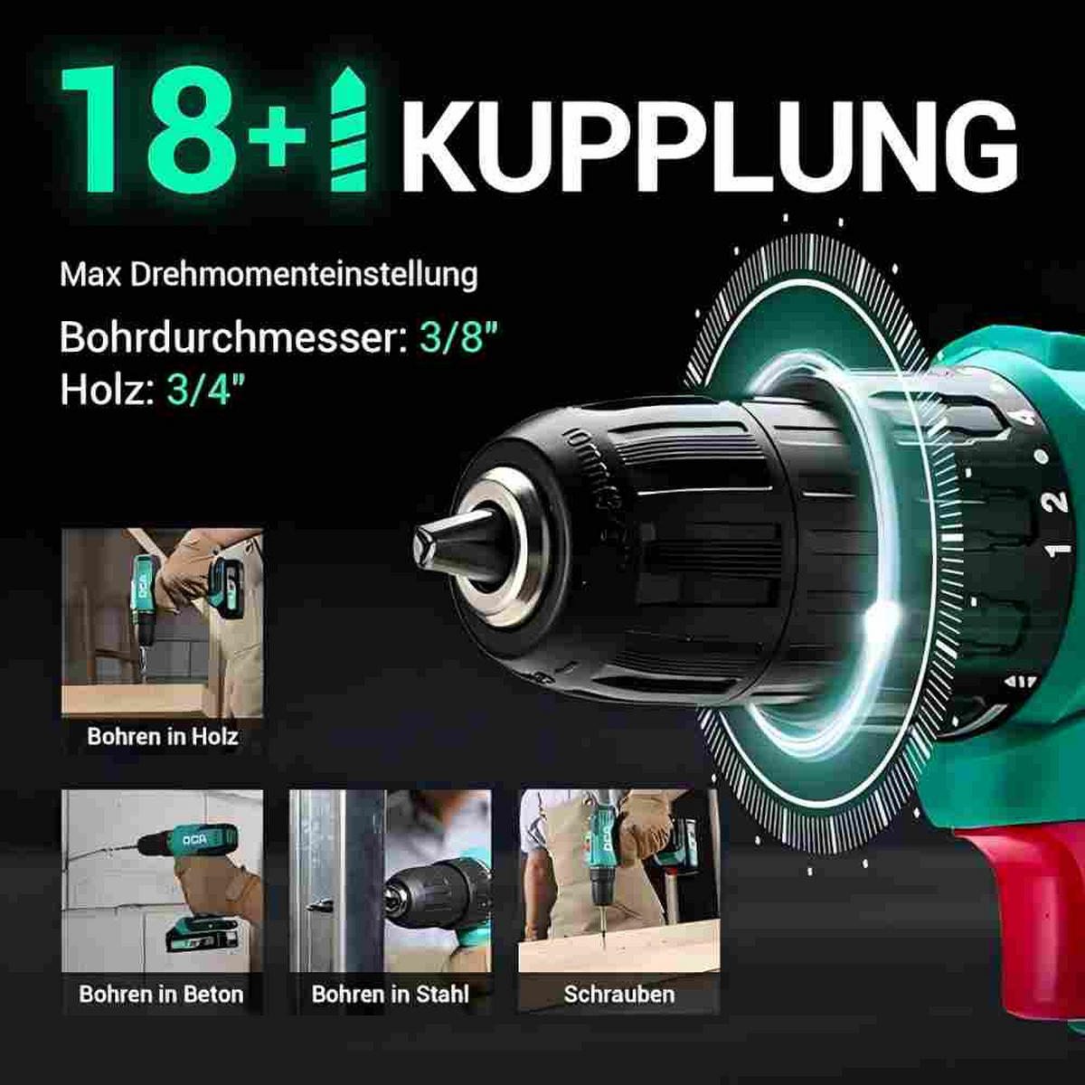 BOHRMASCHINE 20V-2.0Ah Akku, 40 Nm Drehmoment, 10 mm selbstspannendes Bohrfutter - Grün, Metall (22/20/20cm) - DCA