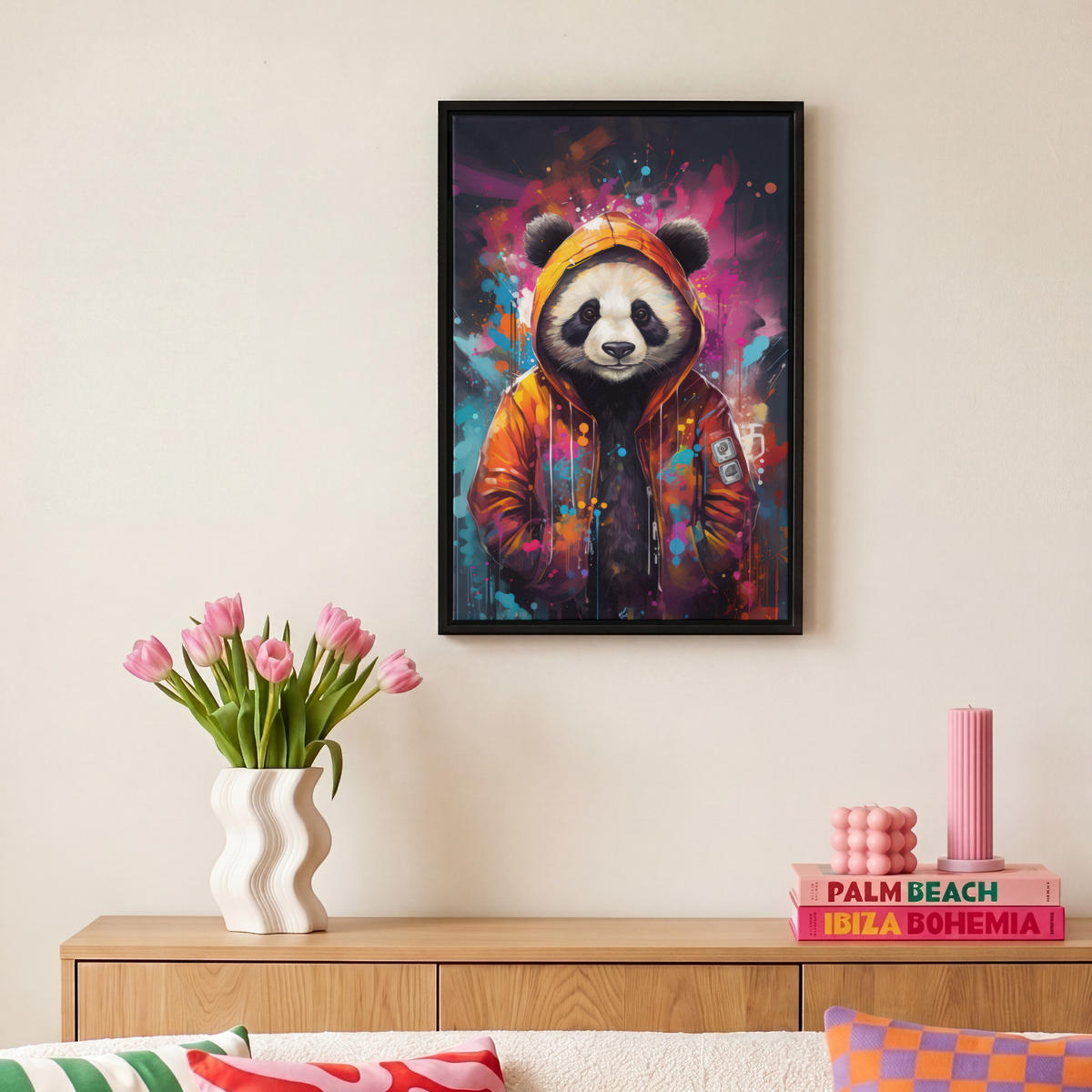 LEINWAND Bilder mit Rahmen - Panda - Jacke - Graffiti - Orange - 20x30 - Orange, Textil (20/30cm) - MuchoWow