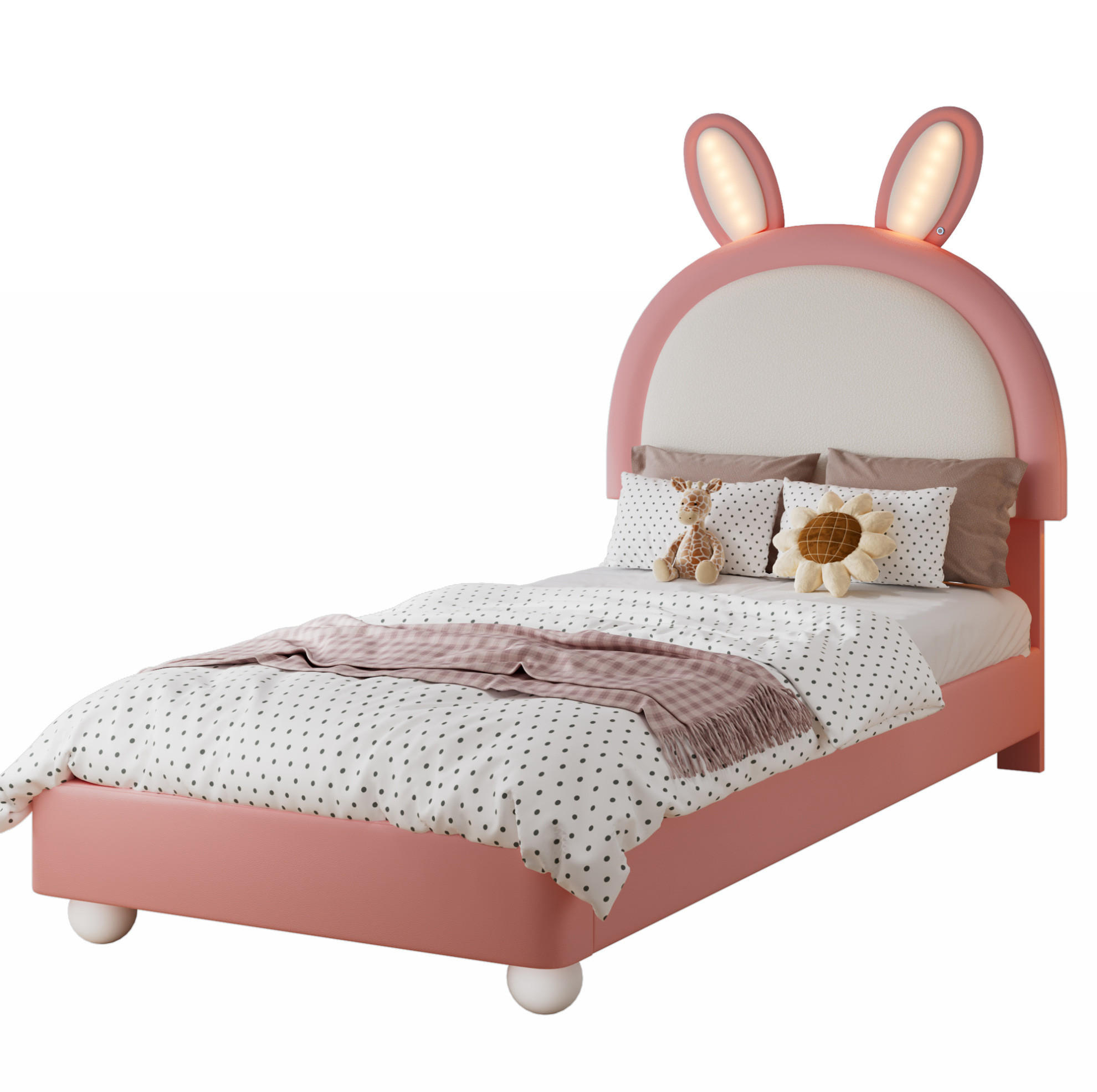 KINDERBETT Polsterbett 90/200 cm aus PU mit LED-Lichtleiste und Hasen-Kopfteil Rosa/Weiß - Weiß, Kunststoff (90/200cm) - Modenvie