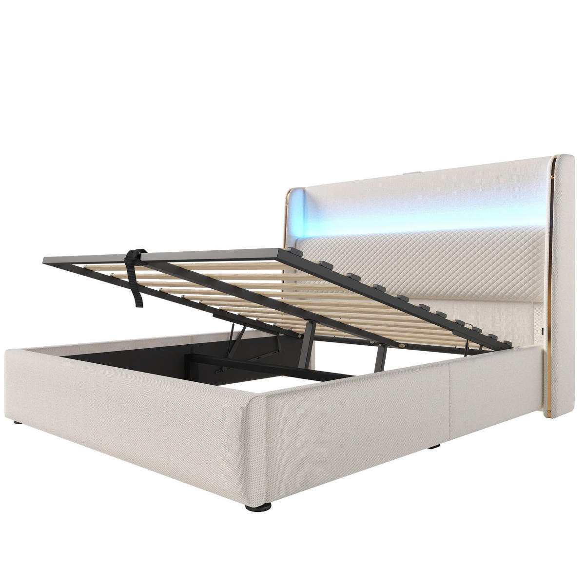 ČALÚNENÁ posteľ 160/200 cm s LED osvetlením, USB/Type-C nabíjacou stanicou a hydraulickým úložným priestorom, Béžová - béžová, textil (160/200cm) - Redom