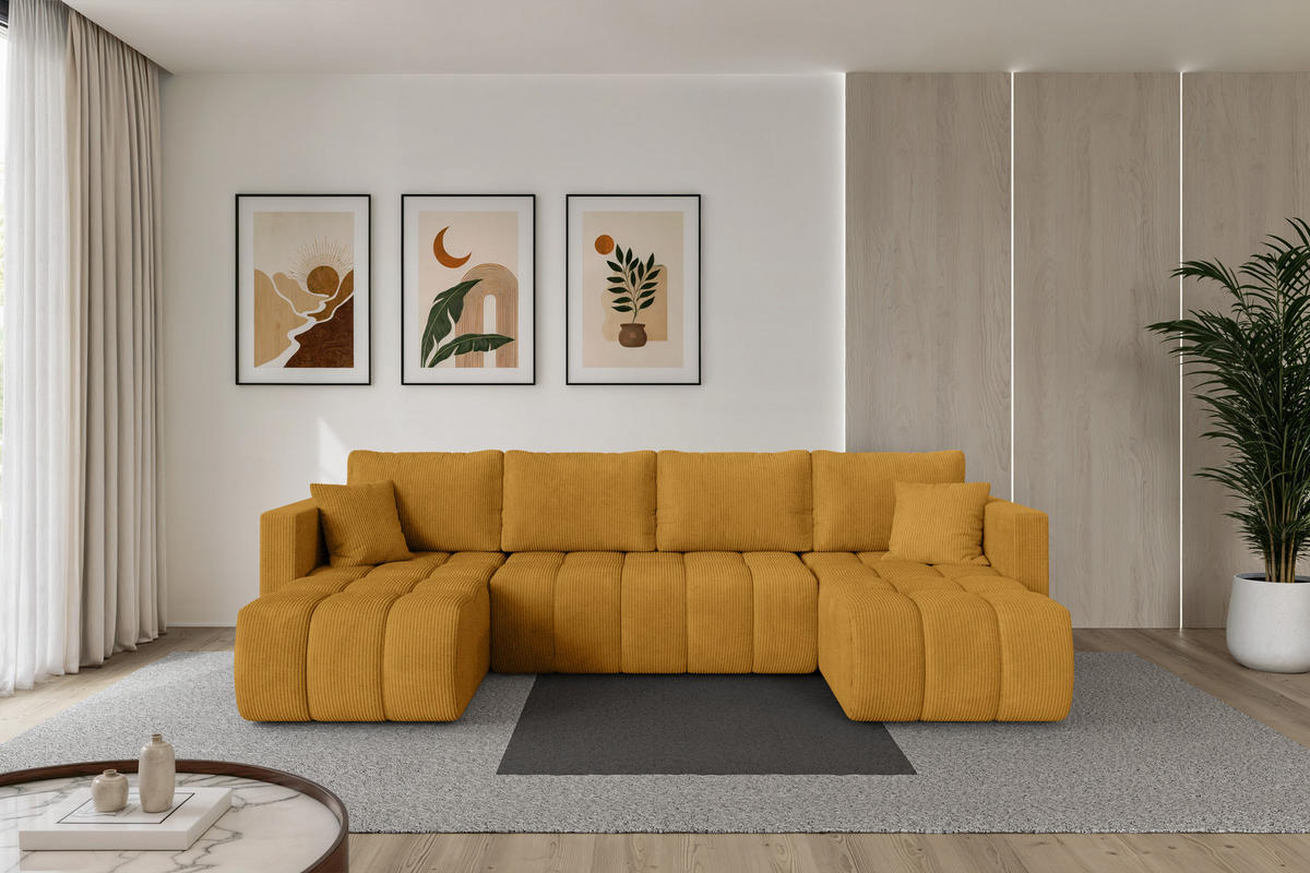 SEDACÍ SOUPRAVA DO U s funkcí spaní a úložným prostorem GARD-U 300x146x85 hořčicově žlutá manšestr - černá/tmavě žlutá, kompozitní dřevo/textil (300/85/146cm) - ALTDECOR