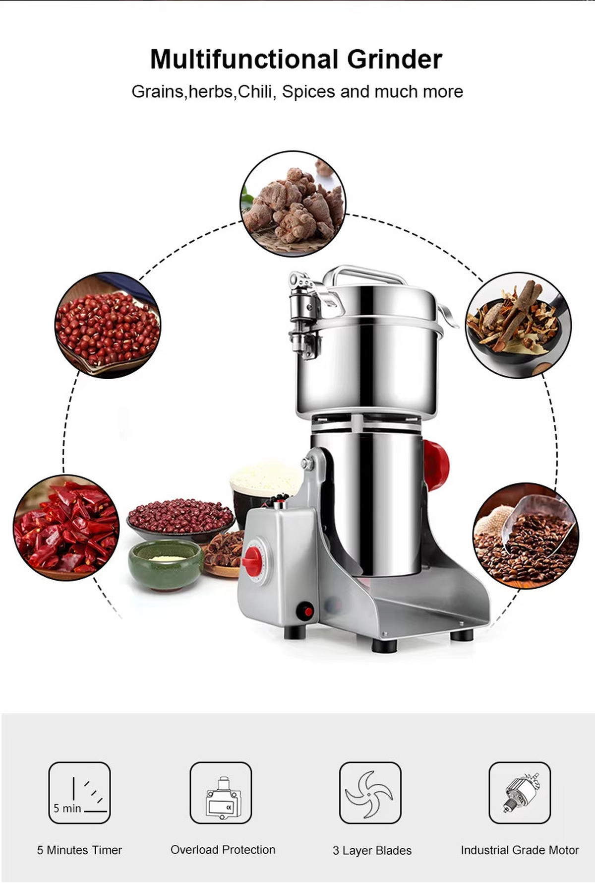 KAFFEEMÜHLE 700g Gewürze Kräuter Getreide Mahlmaschine - Silberfarben, Metall (13.5/37/15.5cm) - Bextcok