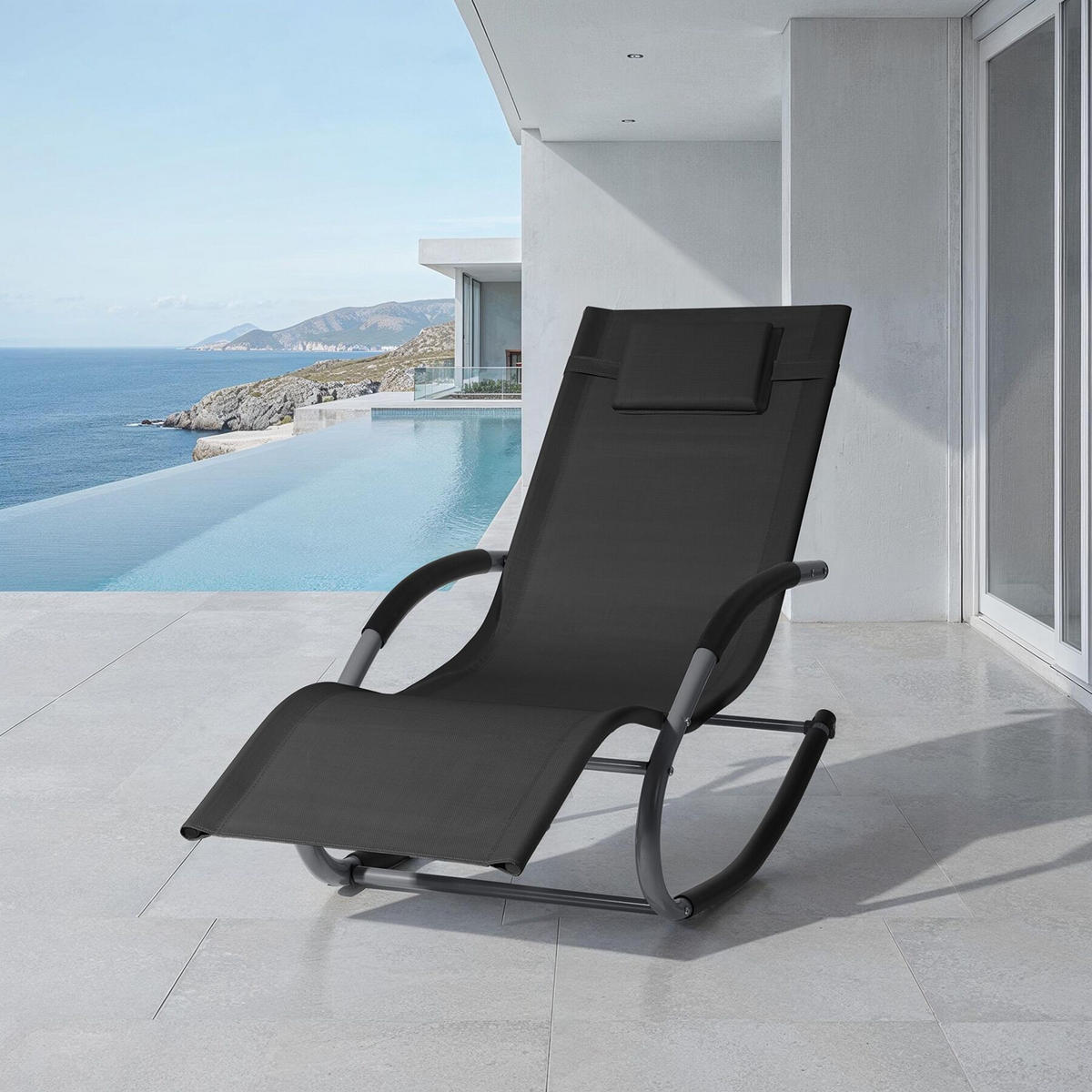 GARTENLIEGE Taya,abnehmbares Kopfpolster, seitliche Aufbewahrungstasche,schwarz - Schwarz, Kunststoff (62/92/142cm) - tectake