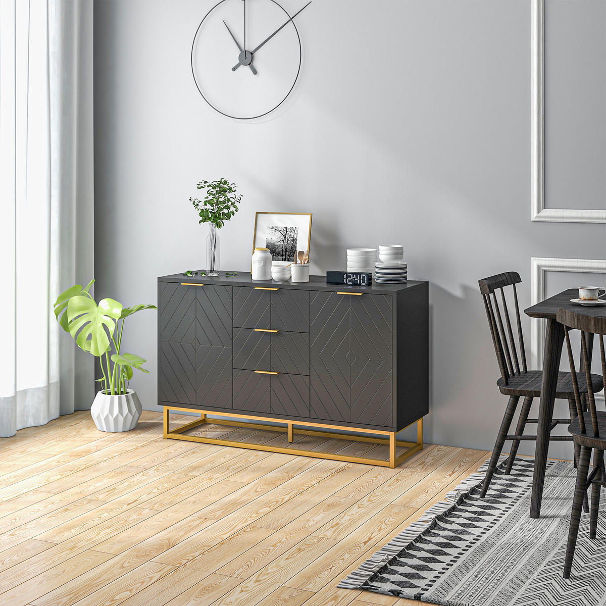 SIDEBOARD Schwarz-Gold, 2 Türen, 3 Schubladen, 120/40/76 cm - Schwarz, Holz (120/76/40cm) - PANGIVO