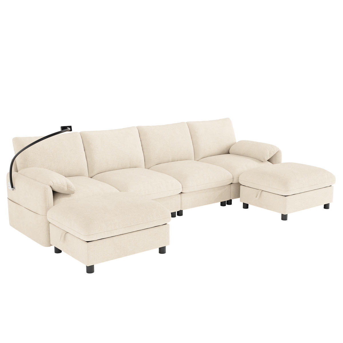 SCHLAFSOFA mit 6 Sitzen, Stauraum-Hockern, USB/Type-C und Handyhalter,Beige - Beige, Textil (273.5/81/133cm) - EVRYAE