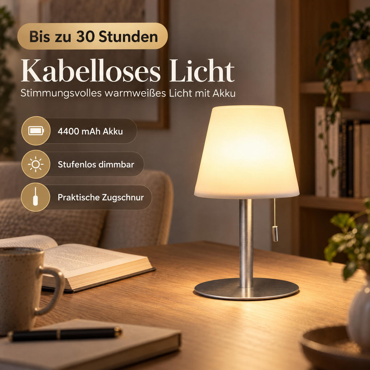 LED-TISCHLEUCHTE mit Akku 4400mAh stufenlos dimmbar Farbwechsel Zugschnur Metall-Standfuß silber H 30cm - Weiß, Metall (17/17/30cm) - Northpoint