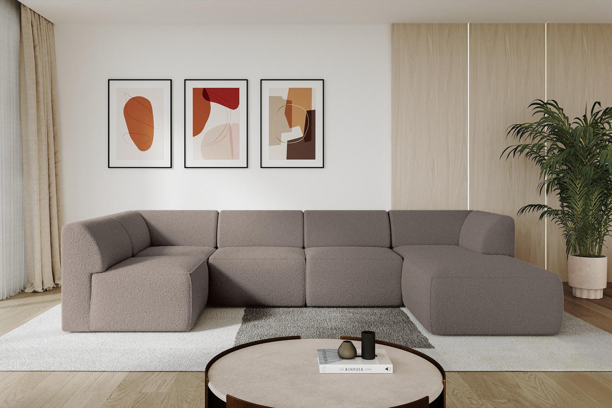 WOHNLANDSCHAFT Ottomane Rechts MOVO-L 345x180x78 cm Braun Bouclé - Schwarz/Braun, Holzwerkstoff/Kunststoff (345/78/180cm) - ALTDECOR
