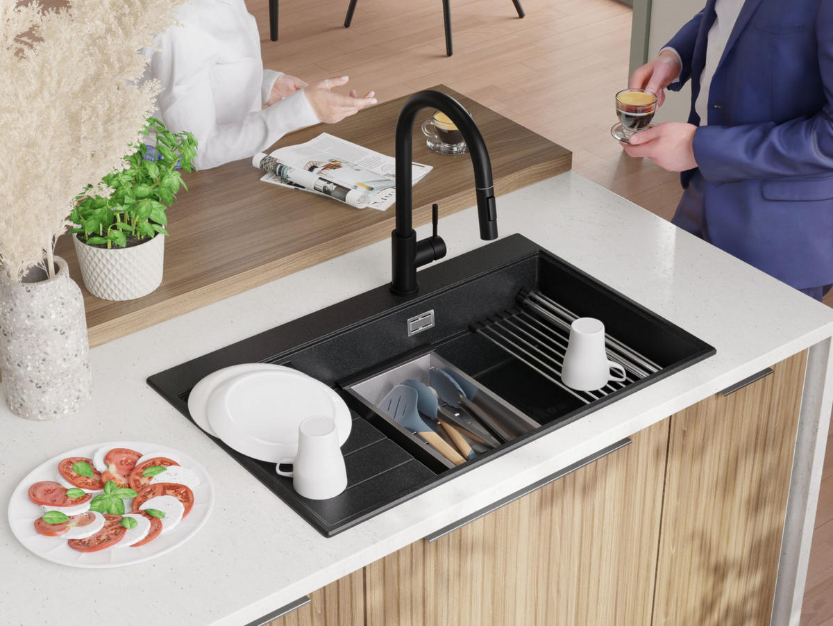 SPÜLBECKEN Sydney, 2-er set Anthrazit 78/50 cm 1 Becken + Ablauf-Set + Küchenzubehörset ab 60er Unterschrank - Chromfarben/Anthrazit, Kunststoff (78/20/50cm) - Primagran