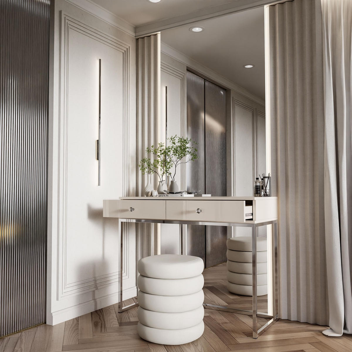 KONSOLE Glamour auf Chromgestell mit Kristallgriff - Kaschmir/Silberfarben, Holzwerkstoff (100/81/42cm) - Lookway