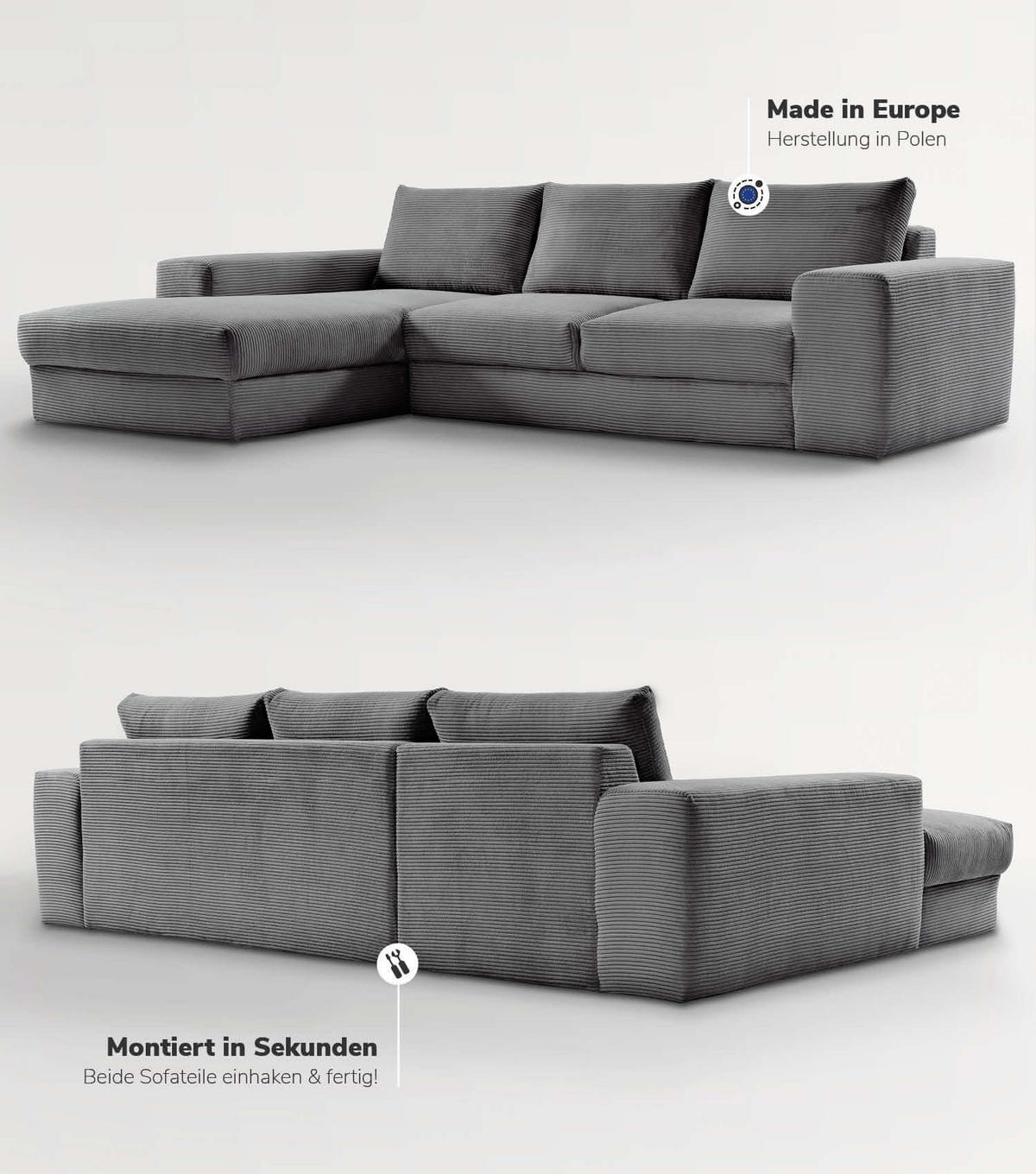 ECKSOFA Der Klassiker Recamiere links - Anthrazit, Textil (280/190cm) - Mokebo