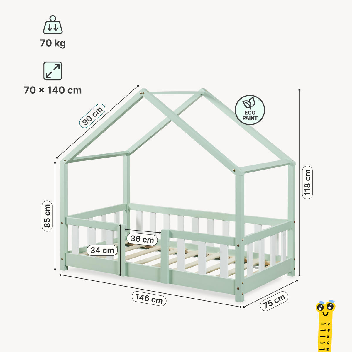 HAUSBETT Treviolo - Weiß/Mintgrün, Holz (70/140cm) - [en.casa]