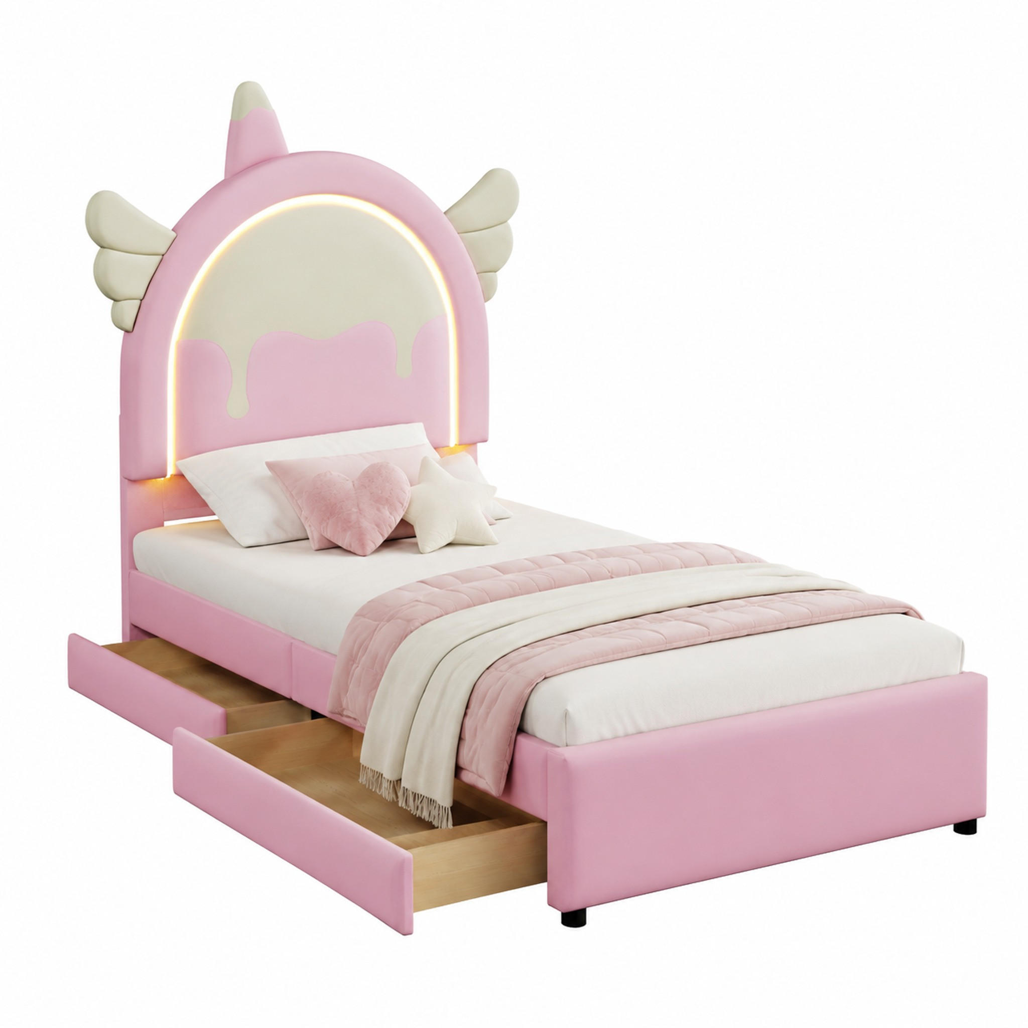POLSTERBETT mit Leuchtleiste und 2 Schubladen 90x200 cm PU Pink - Pink, Holz (90/200cm) - Meubliv