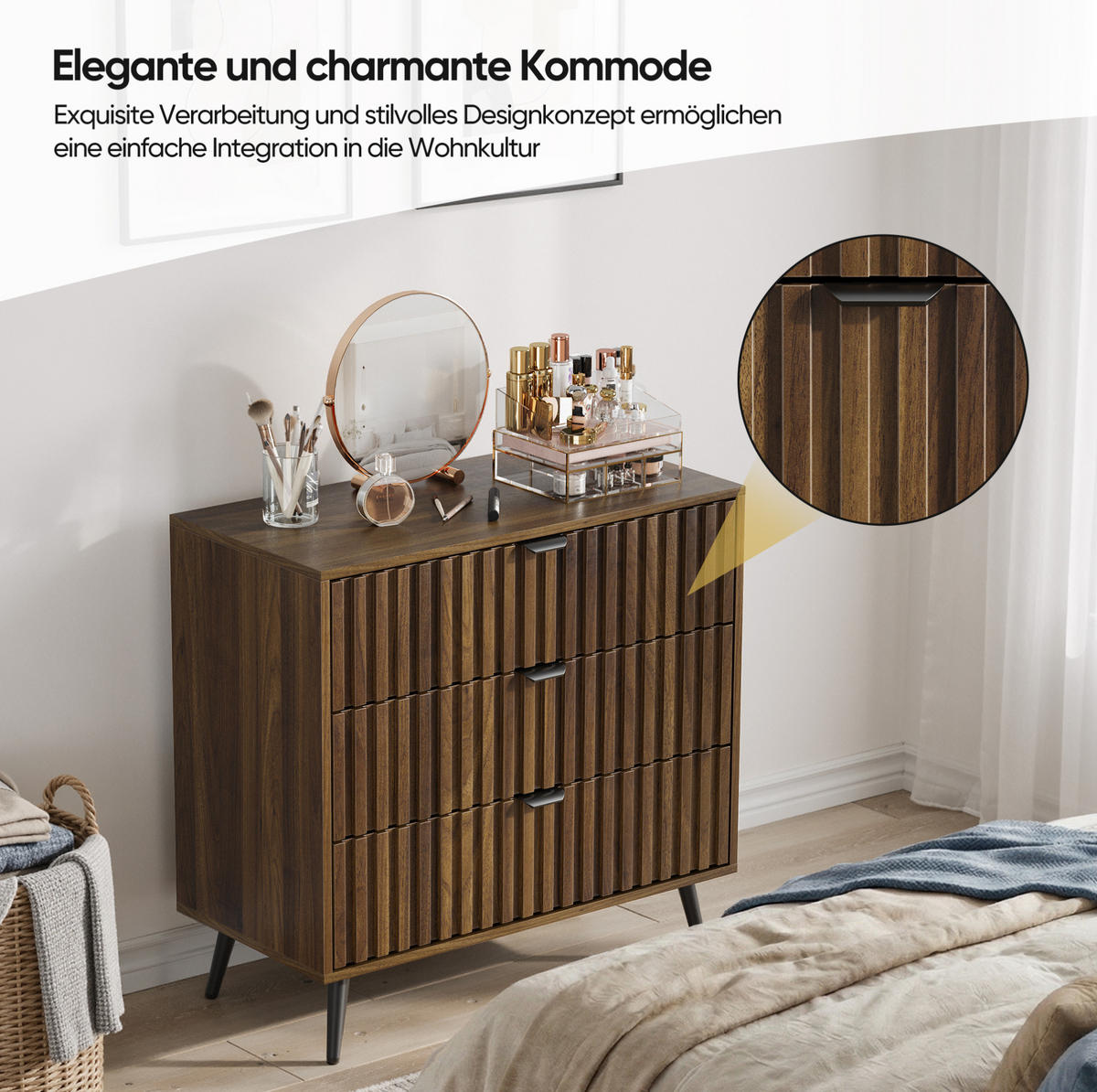 KOMMODE aus MDF 80x39x78 cm Walnussfarben mit 3 Schubladen und Metallbeinen - Walnussfarben, Holzwerkstoff (80/78/38cm) - IVMEU