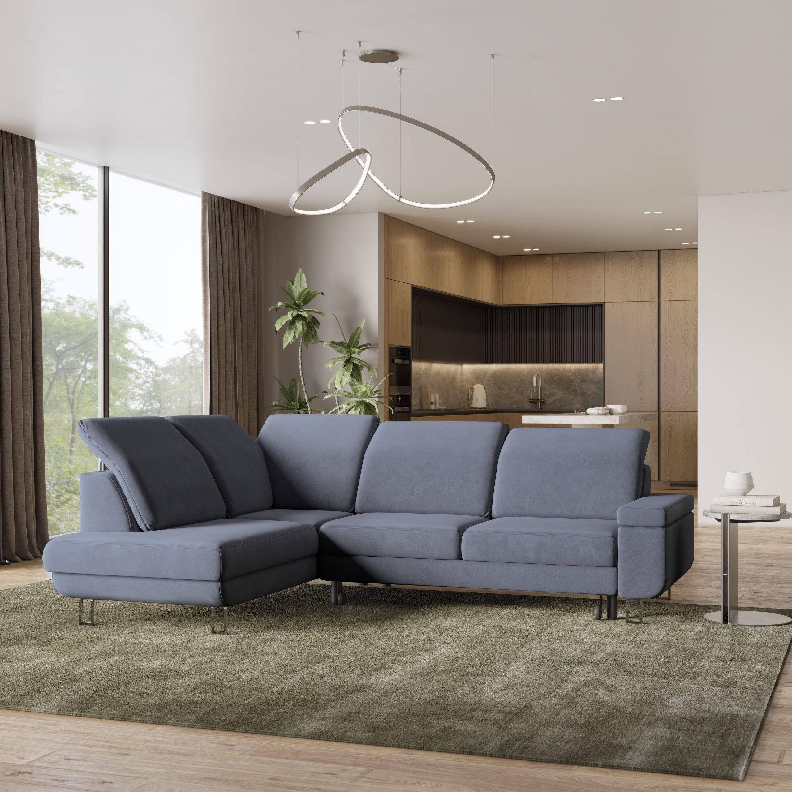 ECKSOFA LERMA L-S Grau Velours-Stoff mit Schlaffunktion - Grau, Holz (253/190cm) - MASSENO