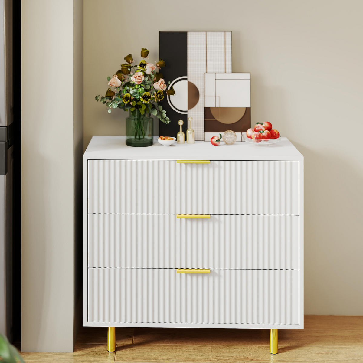 SIDEBOARD in Weiß Kommode mit 3 Schubladen und modernem Design für Wohnzimmer, B80/T40/H72cm - Goldfarben/Weiß, Holzwerkstoff/Metall (80/72/40cm) - STILVORA
