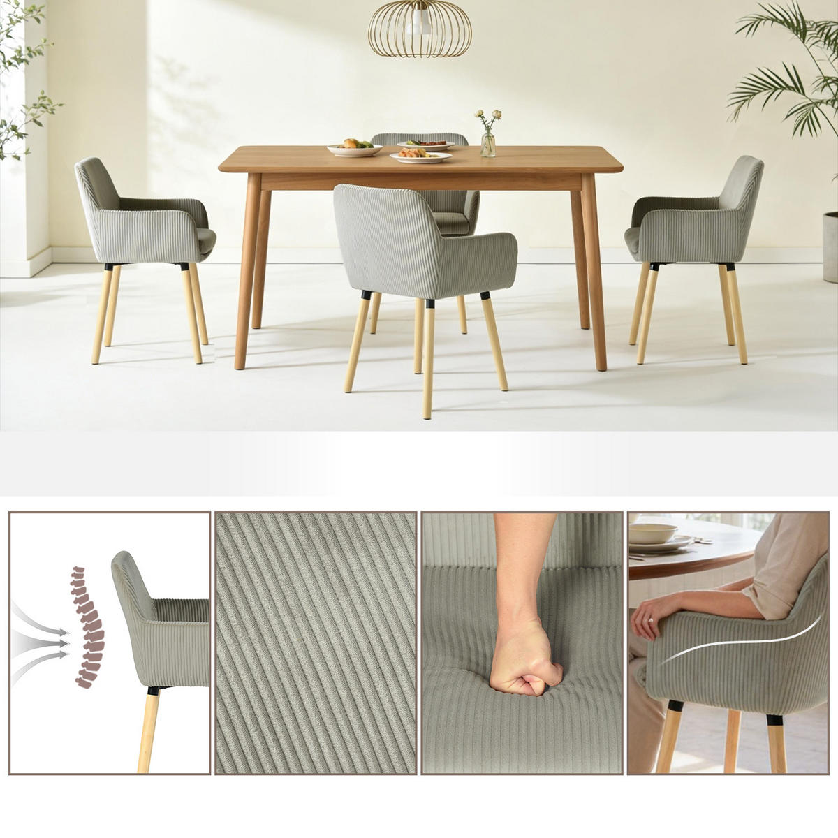 ESSZIMMERSTUHL 4er Set in Hellgrau mit Cord-Optik - Grau, Textil (54/77/53cm) - Meubles Cosy