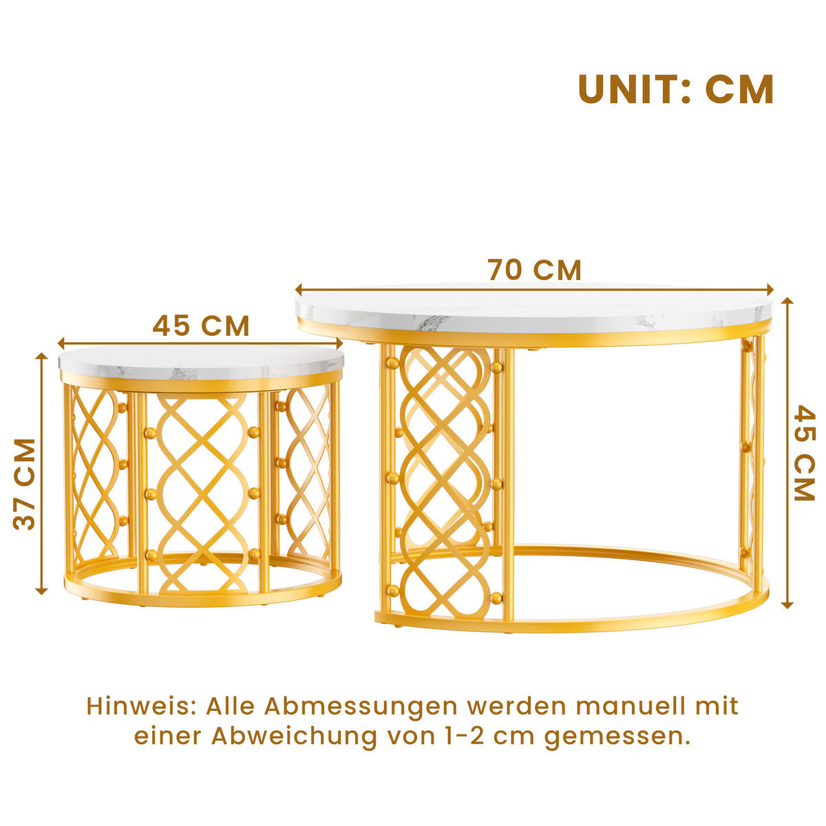 COUCHTISCH 2-teiliges Set 70/70/45 cm und 45/45/37 cm Weiß und Gold Stapelbar mit Stahlrahmen - Goldfarben/Weiß, Holzwerkstoff (70/70/45cm) - OKWISH