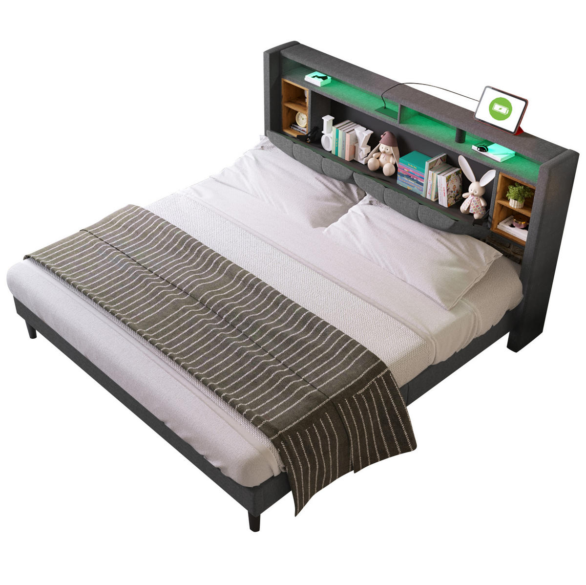 POLSTERBETT 160/200 cm grau aus Massivholz mit Stauraum-Kopfteil, USB und LED - Grau, Holzwerkstoff (160/200cm) - OKWISH