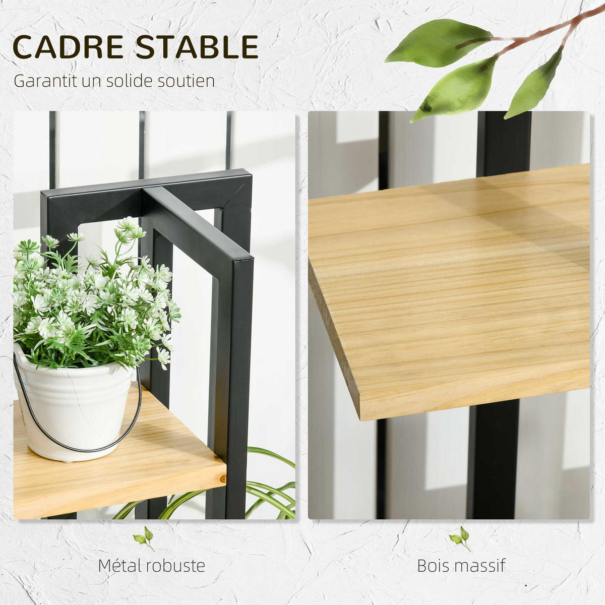 BLUMENTREPPE DE-12131 4-stufig, verschiedene Höhen, industriell Schwarz - Naturfarben, Holz (25/110/45cm) - ComfortXL